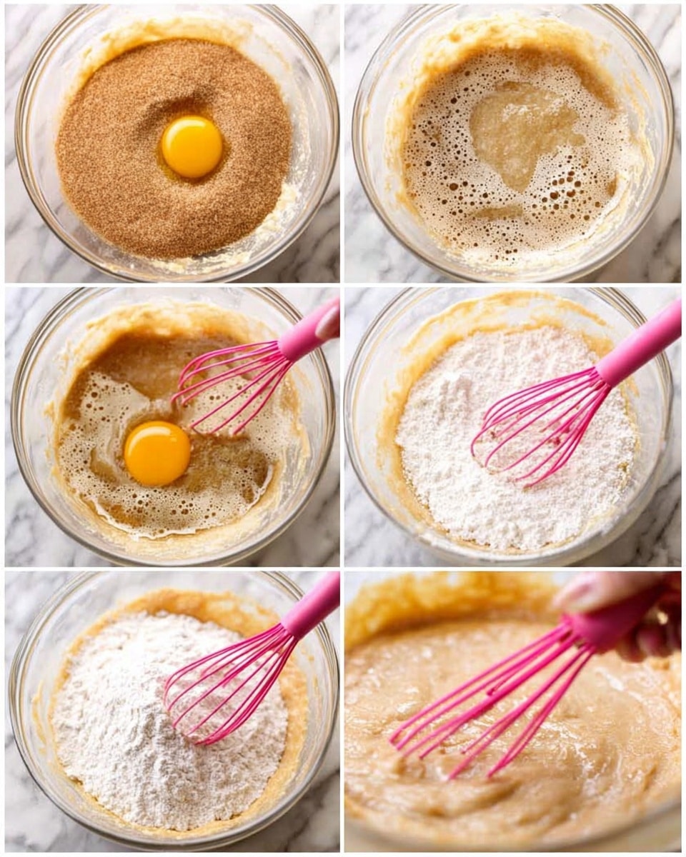 This image shows six steps of mixing cake batter in a clear glass bowl placed on a white marbled surface. The first layer is light brown sugar piled on top of melted butter, golden and shiny. The second step shows the sugar and butter being stirred with a pink whisk, creating a bubbly, frothy light brown mixture. The third step adds a bright yellow egg yolk sitting on the batter. In the fourth step, the pink whisk stirs the combined egg, butter, and sugar into a foamy, smooth light brown mix. The fifth step has a mound of white flour on top of the batter in the bowl. The final step shows the batter thick, smooth, and creamy light brown as the woman's hand uses the pink whisk to mix the flour in. Photo taken with an iphone --ar 4:5 --v 7