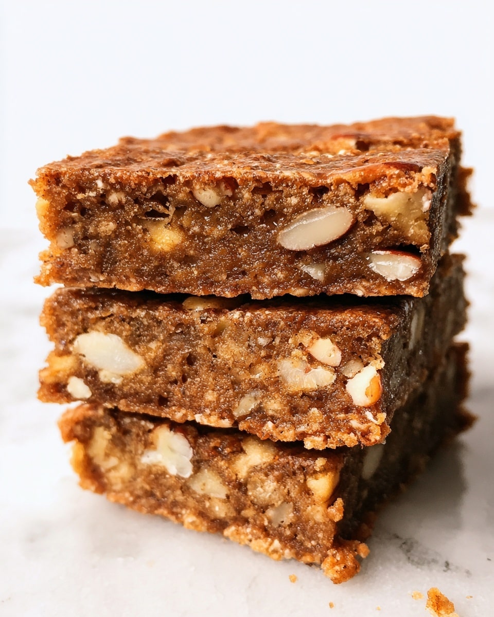 A white plate holds about a dozen square-shaped bars stacked unevenly. Each bar is a warm brown color with a slightly rough texture showing small bits of nuts inside. The edges of the bars are a bit darker, giving a toasted look. The background surface is a white marbled texture, with a pinecone and two small white pumpkins visible in soft focus behind the plate. photo taken with an iphone --ar 4:5 --v 7
