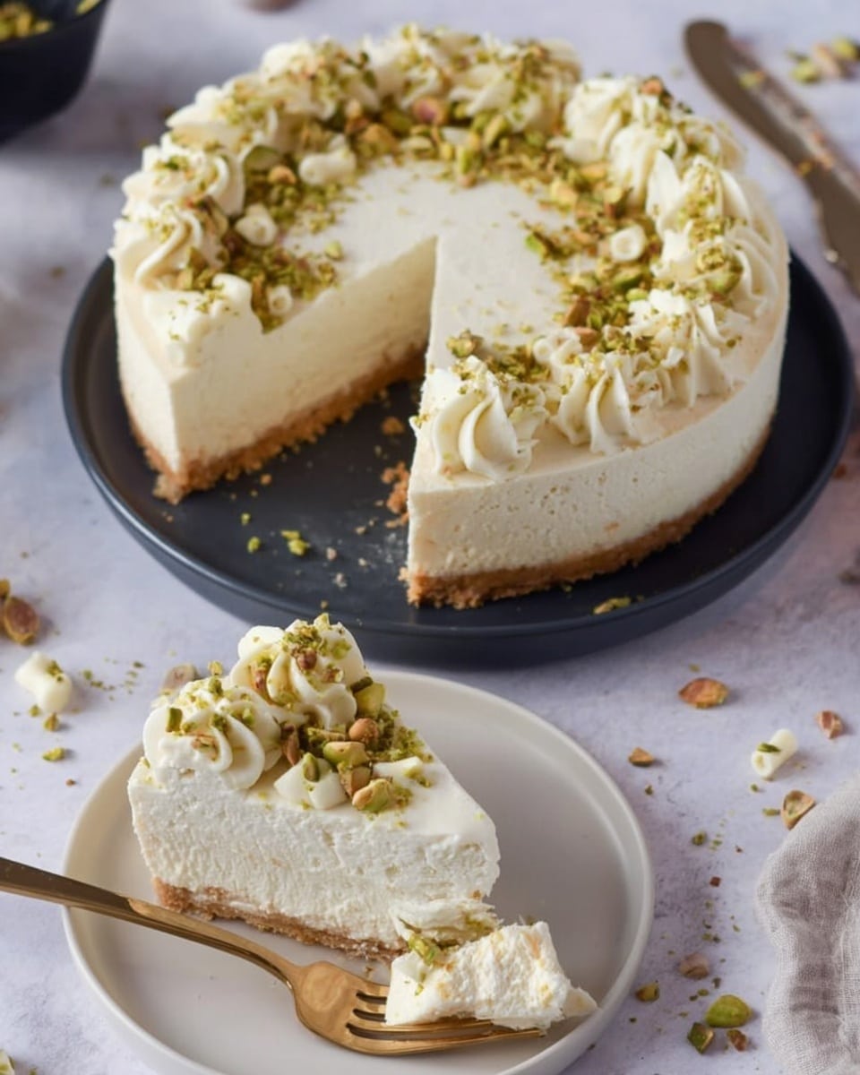 The image shows a creamy white cheesecake with one slice removed, revealing a thick, smooth white cream layer on top of a light brown crust. The top of the cheesecake is decorated with small white chocolate chips and pieces of crushed green pistachio nuts, with piped swirls of white cream along the edge. The cheesecake and the slice are both served on white plates, placed on a white marbled surface. There is a woman's hand holding a fork with a bite-sized piece of cheesecake near the slice on the plate. Photo taken with an iphone --ar 4:5 --v 7