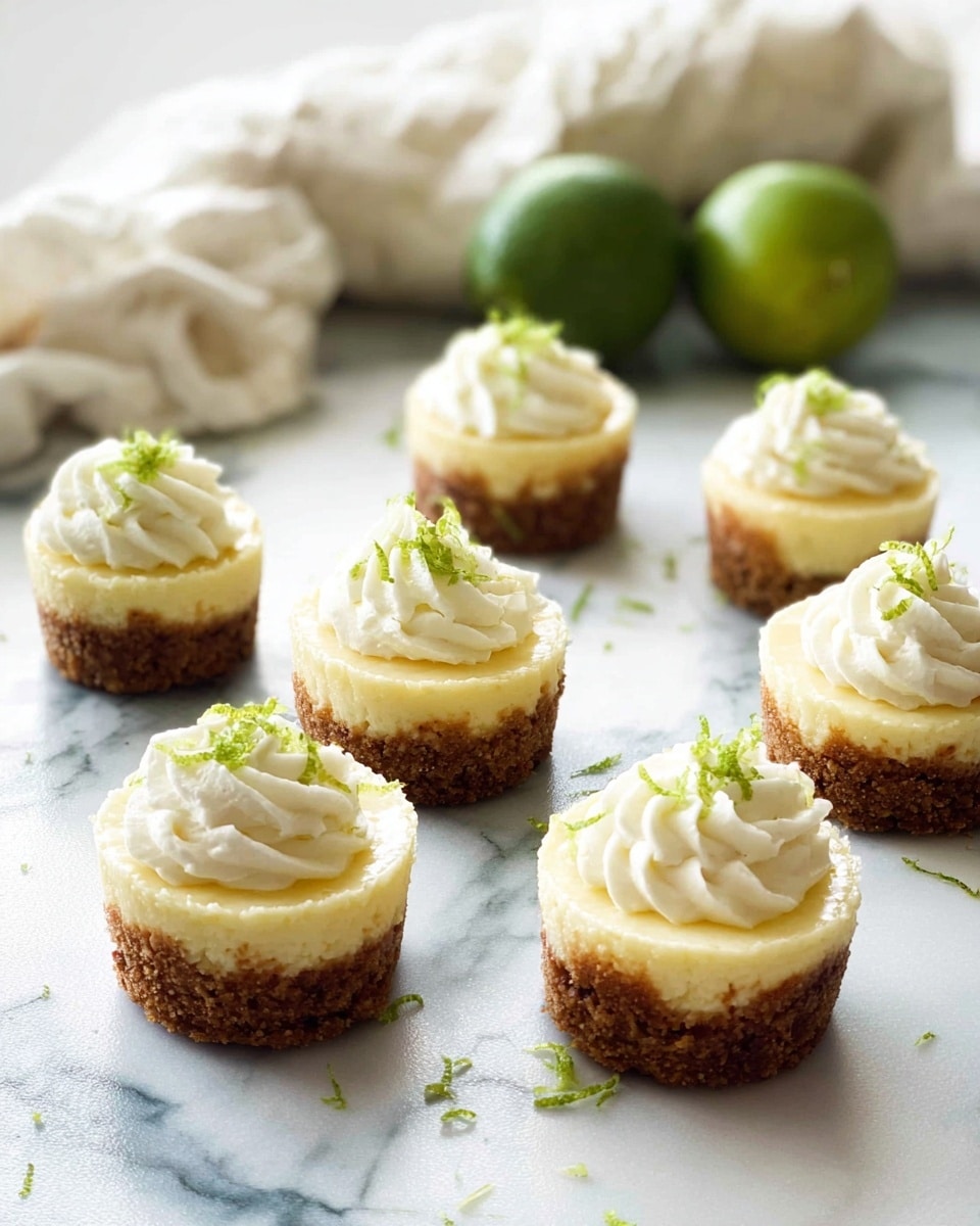 The image shows six small cheesecakes placed directly on a white marbled surface. Each cheesecake has three layers: a brown crumbly base, a creamy yellow middle cheese layer, and a top layer of white swirled frosting, garnished with tiny green lime zest curls. The cheesecakes are arranged with four in the foreground and two slightly blurred in the background next to two green limes wrapped in white cloth. The scene is bright and light, with soft shadows under each cheesecake. photo taken with an iphone --ar 4:5 --v 7