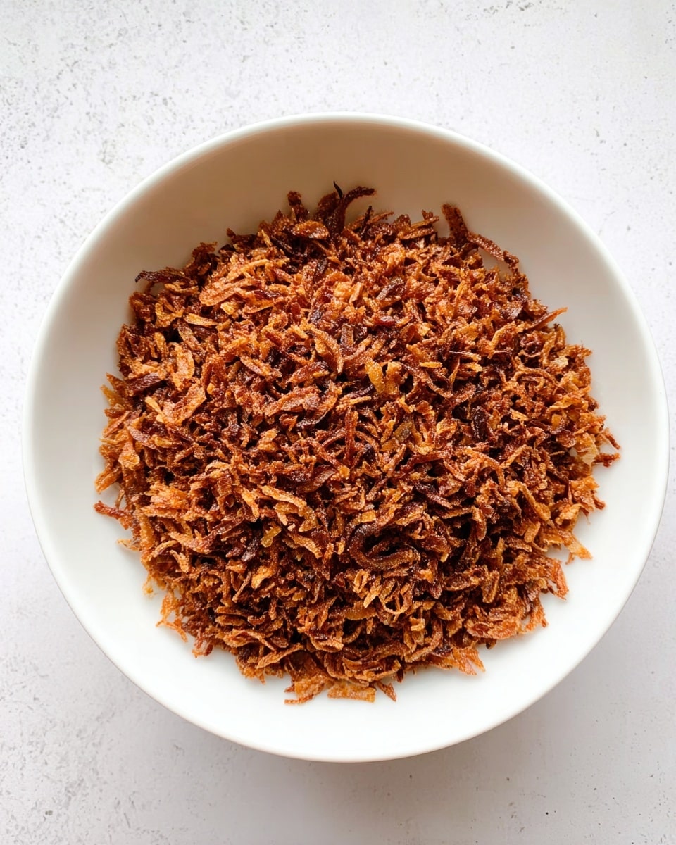 A white bowl filled with a single layer of thin, crispy, brown fried shallots, evenly spread inside. The background is a white marbled surface, clean and simple, focusing attention on the textured golden-brown bits in the bowl. photo taken with an iphone --ar 4:5 --v 7
