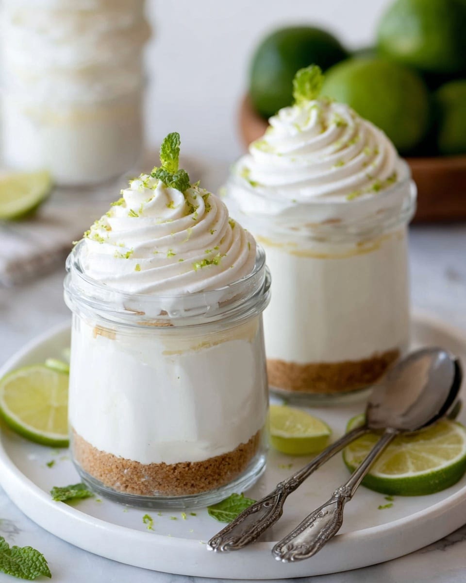 Three small clear glass jars filled with a creamy white dessert are placed on a white plate with a white marbled texture background. Each jar has one layer of light mousse topped with a thick, smooth swirl of white whipped cream, sprinkled with tiny bits of green lime zest. Around the jars are fresh bright green mint leaves and lime wedges adding a fresh look. The setup is clean and bright with a simple, fresh color contrast between white, green, and the clear glass jars. photo taken with an iphone --ar 4:5 --v 7
