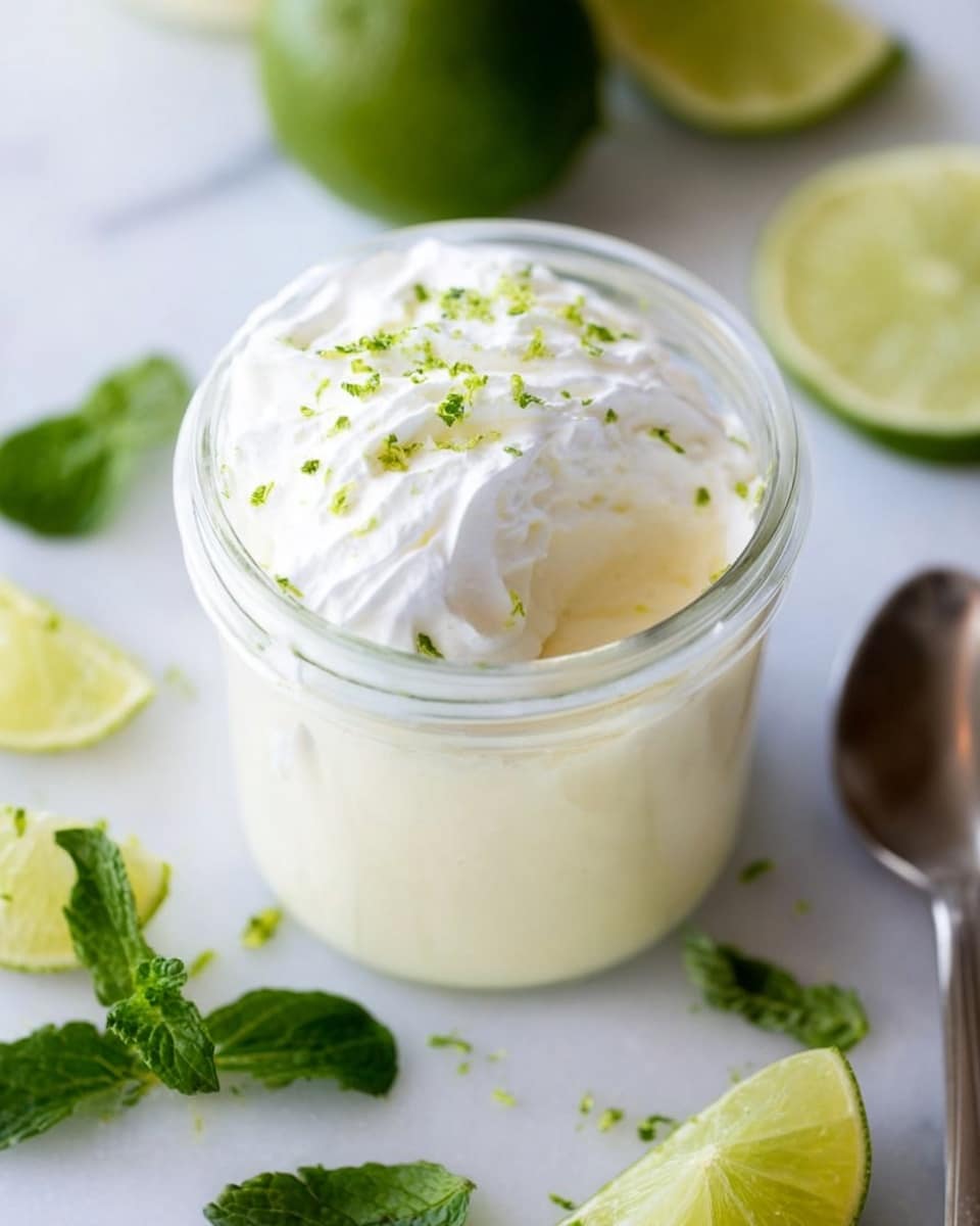 The image shows two glass jars filled with a dessert placed on a white plate with a white marbled texture underneath. Each jar has two visible layers: the bottom layer is a crumbly, light brown crust, and the top layer is a thick, smooth white cream. On top of the cream, there is a swirl of white whipped topping with small green zest specks sprinkled over it. Around the jars on the plate are green lime wedges and fresh green mint leaves. To the right of the jars, there are two silver spoons resting on the plate next to the garnishes. In the background, there is a bowl of limes and blurred out, adding a fresh and bright feel to the scene. Photo taken with an iphone --ar 4:5 --v 7