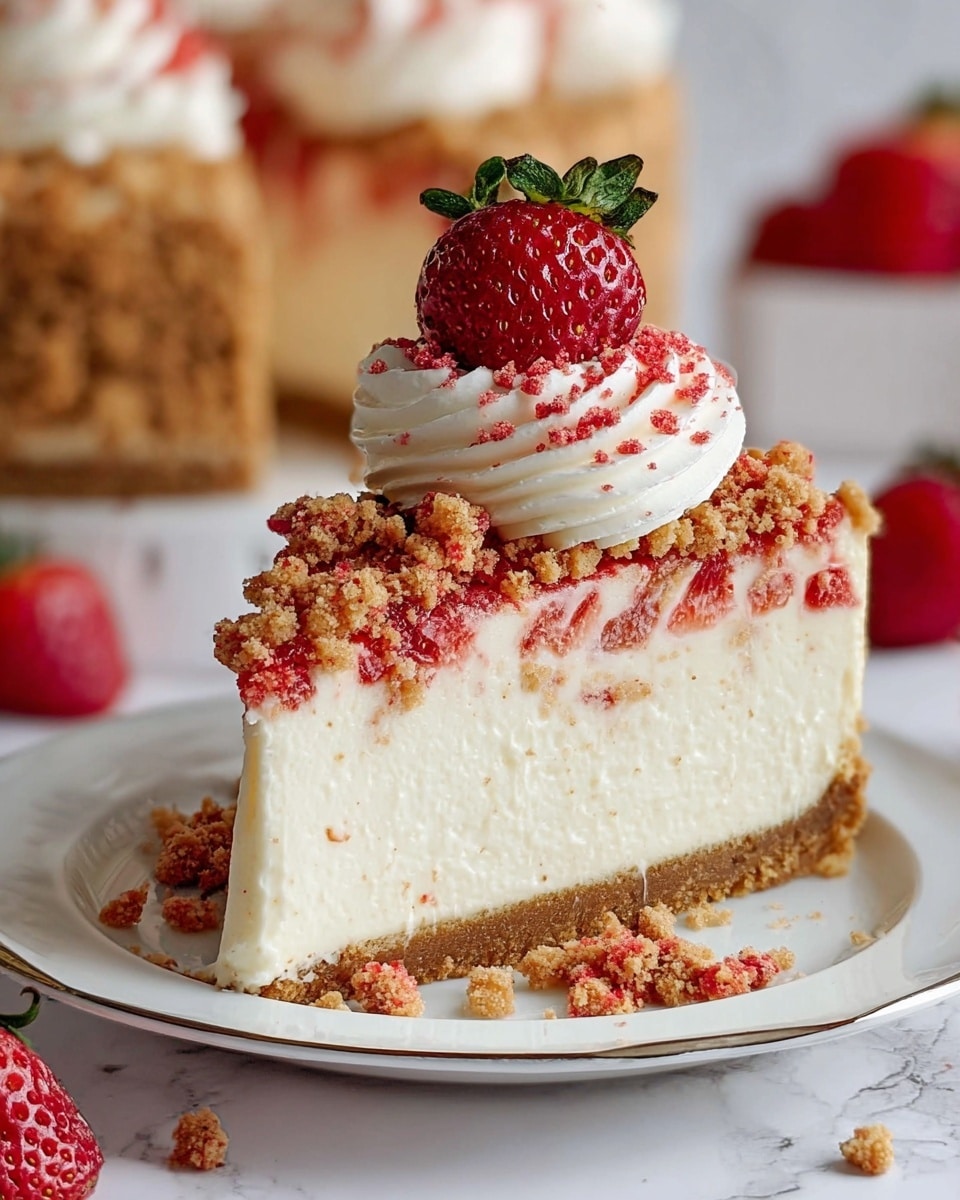 A slice of creamy white cheesecake with a light tan crumbly crust on the bottom, topped with a thick layer of crumbly red and tan streusel. On top of the streusel is a swirl of white whipped cream sprinkled with red crumbs, finished with a halved fresh strawberry showing its red inside and green leaf on top. The slice is on a white plate with a thin silver rim, placed on a white marbled surface with scattered red crumbs and fresh strawberries in the background. Photo taken with an iphone --ar 4:5 --v 7
