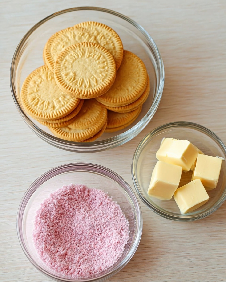 Two small dessert tacos sit on a white marbled surface, each taco shell covered with pink and light tan crumbs giving a rough texture. Inside each shell is a thick layer of smooth white cream filling, piped neatly in a swirl. On top of the cream sits bright red strawberry sauce with visible chunks of strawberries, topped with a fresh strawberry half with green leaves still attached. Additional stray crumbs and whole strawberries are blurred softly in the background. photo taken with an iphone --ar 4:5 --v 7