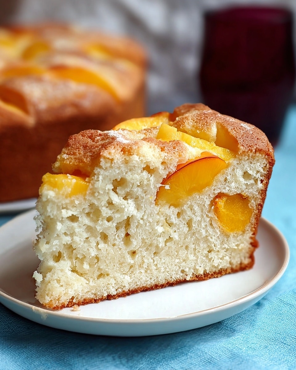 The image shows a thick round cake with a golden brown top and soft, light yellow inside, with visible slices of yellow peach both baked into the cake and placed on top. One large slice is placed on a white square plate in the front, showing the spongy texture and peach pieces inside. The whole cake is in the background on a white marbled surface, next to a whole peach and a half peach with red and yellow skin. A silver fork is placed next to the slice on the plate. There is a woman's hand not visible, but the cake and peach are carefully arranged on a white and gray striped cloth. Photo taken with an iphone --ar 4:5 --v 7
