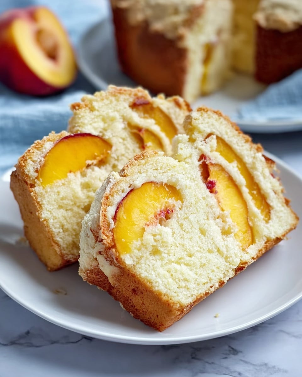 A thick slice of soft, light beige cake sits on a white plate with a blue surface, showing a fluffy texture inside with small holes. On top, there are several slices of yellow peach pieces that look slightly baked and mix with the golden-brown crust that covers the top layer. The edges of the cake are darker brown and firm, giving a nice contrast to the softness inside. In the background, a blurred dark red glass and a white marbled texture are visible. photo taken with an iphone --ar 4:5 --v 7