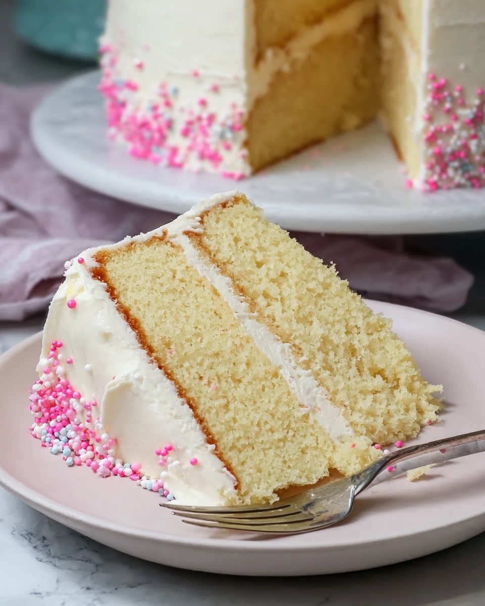 A slice of two-layer yellow cake with smooth white frosting covers the sides and top. Each layer looks soft and moist with a light golden color. On the right side of the frosting, there are small pink and light blue round sprinkles. The cake slice rests on a white plate, with a silver fork next to it. The plate is placed on a white marbled surface. Photo taken with an iphone --ar 4:5 --v 7