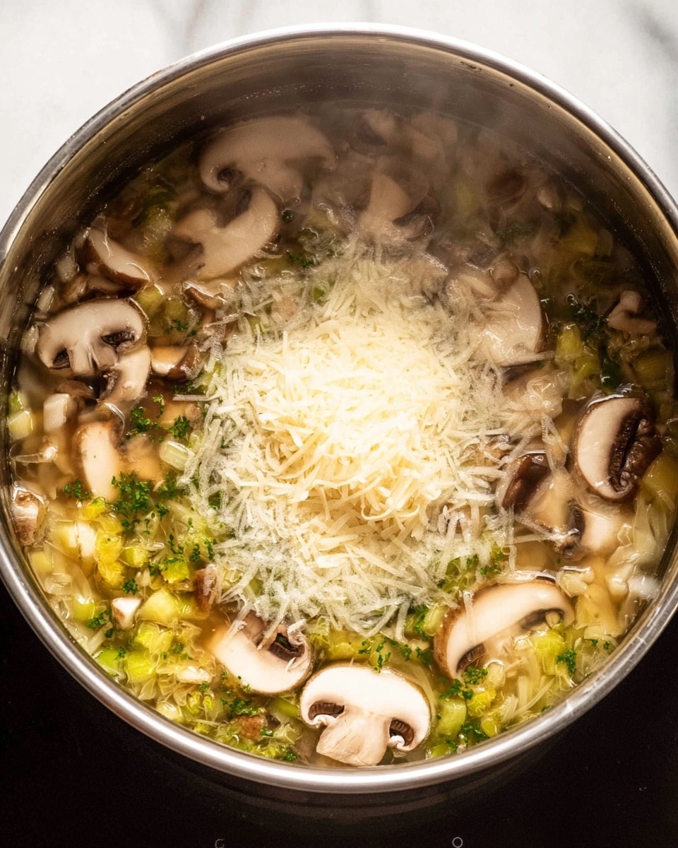A pot filled with a layered hot mixture shows the bottom layer with small pieces of yellow and green vegetables in broth, topped by sliced light brown mushrooms scattered around. On top in the center, there is a mound of finely grated white cheese. Steam rises softly above the pot, giving a warm feeling. The pot is stainless steel and sits on a white marbled surface. photo taken with an iphone --ar 4:5 --v 7