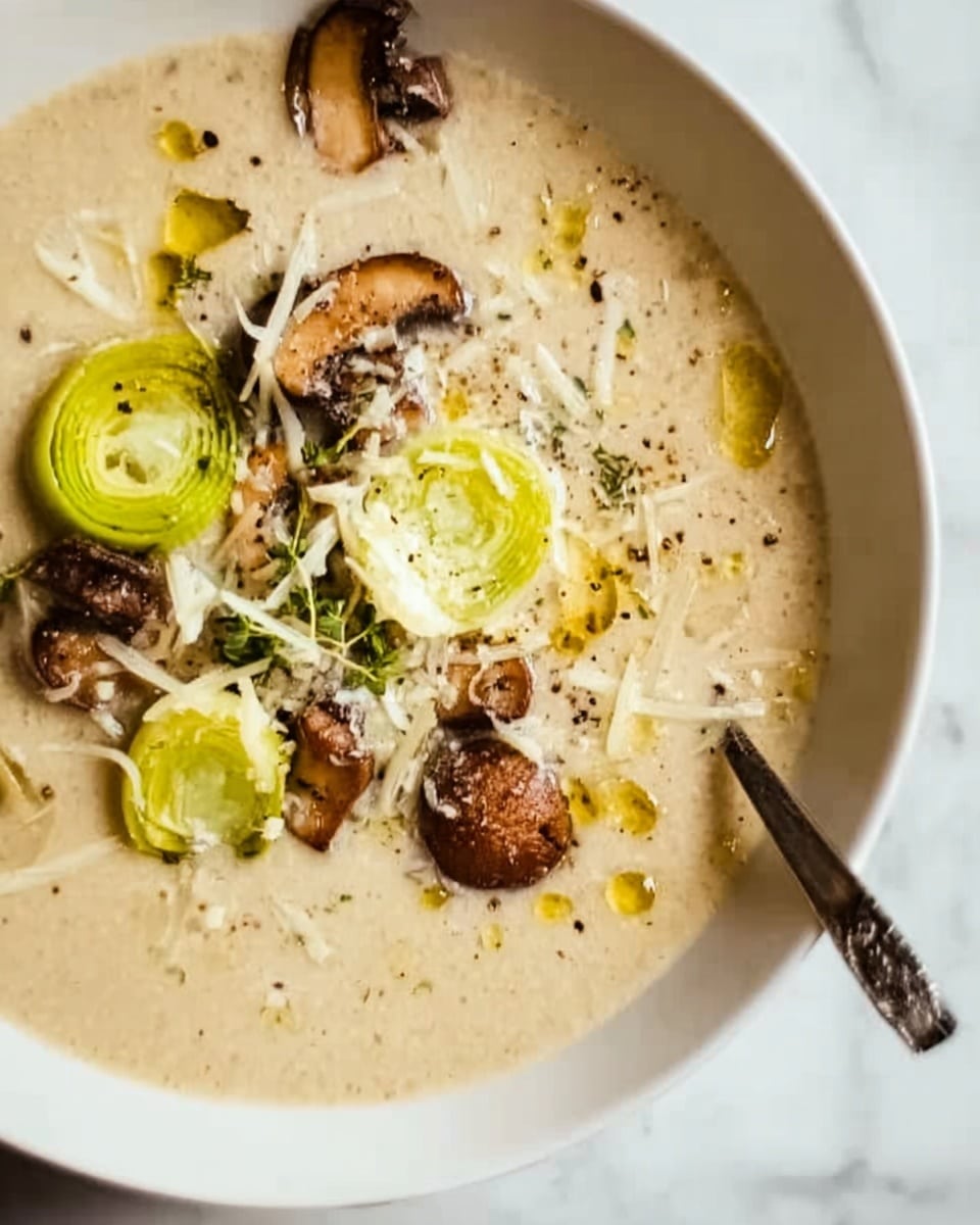 A white scalloped bowl filled with thick creamy beige soup, topped with thin mushroom slices, small green leek rounds, shredded white cheese, and a drizzle of yellow oil, all sprinkled lightly with black pepper. A silver spoon rests on the right edge of the bowl on a beige cloth napkin. Pieces of crusty light brown bread are placed near the bowl on a white marbled surface with sprigs of green herbs nearby. photo taken with an iphone --ar 4:5 --v 7