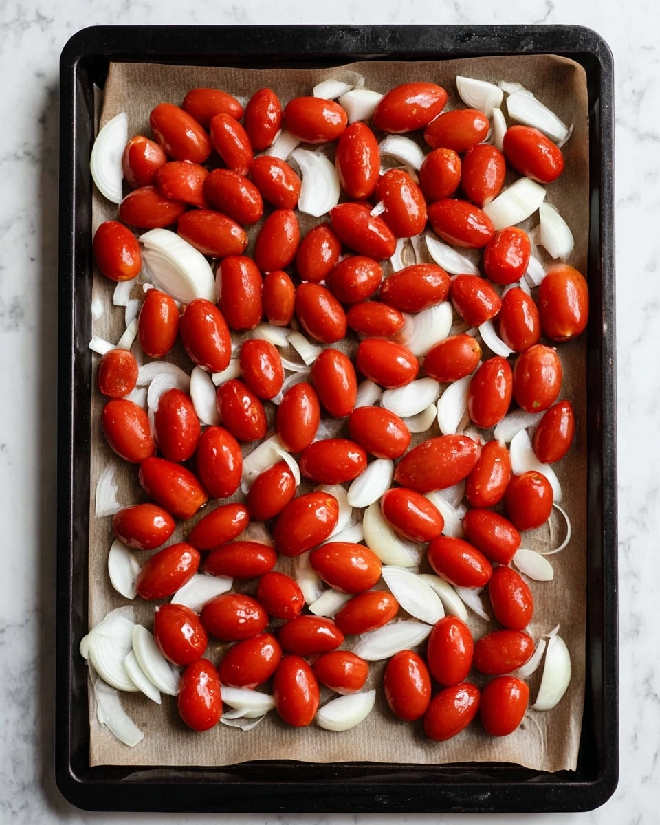 A black baking tray lined with light brown parchment paper is filled with two layers: the bottom layer consists of scattered white onion slices, curved and varied in size with a smooth texture. The top layer is made of many small, shiny, oval red grape tomatoes spread evenly across the tray, some touching each other and others spaced apart. The background is a white marbled texture. photo taken with an iphone --ar 4:5 --v 7