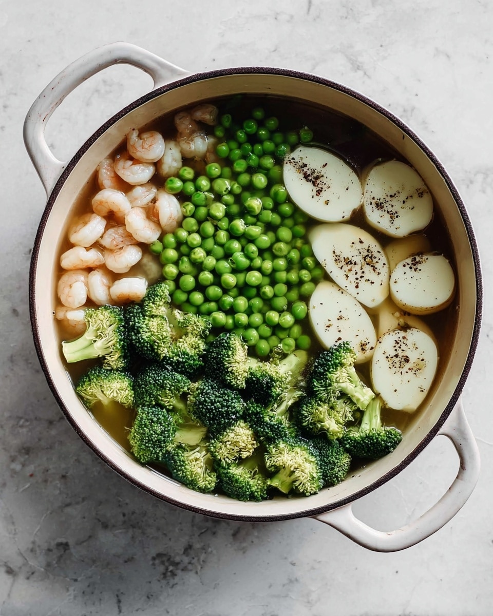 A bowl filled with smooth bright green pea soup topped with a swirl of white cream. On top, there are fresh whole green peas arranged in a small cluster and three green pea pods sliced open showing the peas inside. Small chopped green herbs and sprinkle of black pepper are scattered over the soup. A silver spoon rests inside the bowl, which sits on a white marbled surface with visible tile cracks. Next to the soup bowl, there is a torn piece of crusty brown bread. A second bowl with more pea soup and a small white bowl filled with peas are partly visible. Photo taken with an iphone --ar 4:5 --v 7