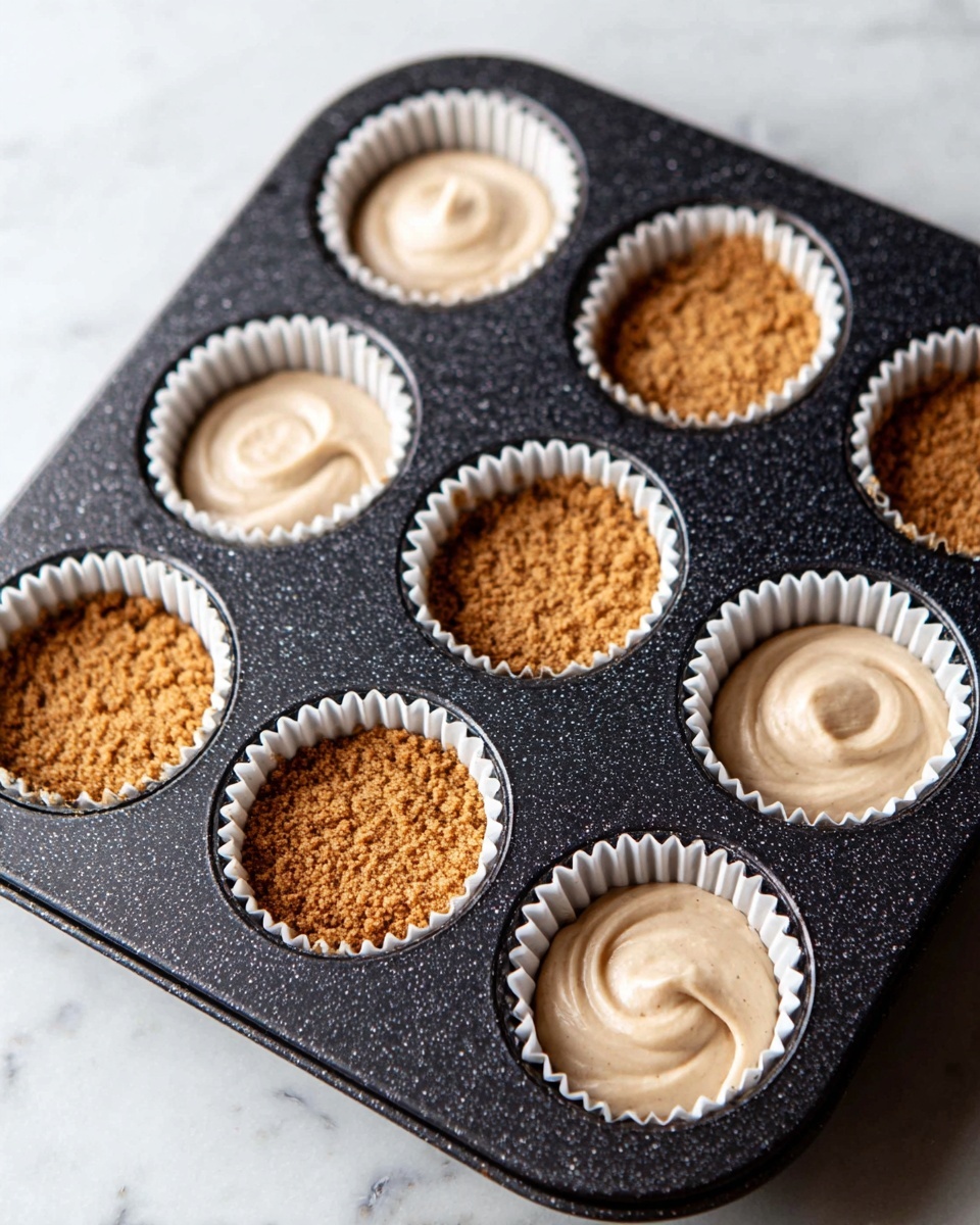 The image shows a small dessert with three layers on a white plate with a speckled pattern placed on a white marbled surface. The bottom layer is crumbly and light brown, forming the base. The middle layer is thick, creamy, and off-white, with a smooth texture and a bite taken from one side, revealing its soft inside. The top layer is a light brown, swirled cream decoration with a slightly grainy texture, spread in a circular pattern. In the background, there are two more similar desserts blurred out. Photo taken with an iphone --ar 4:5 --v 7
