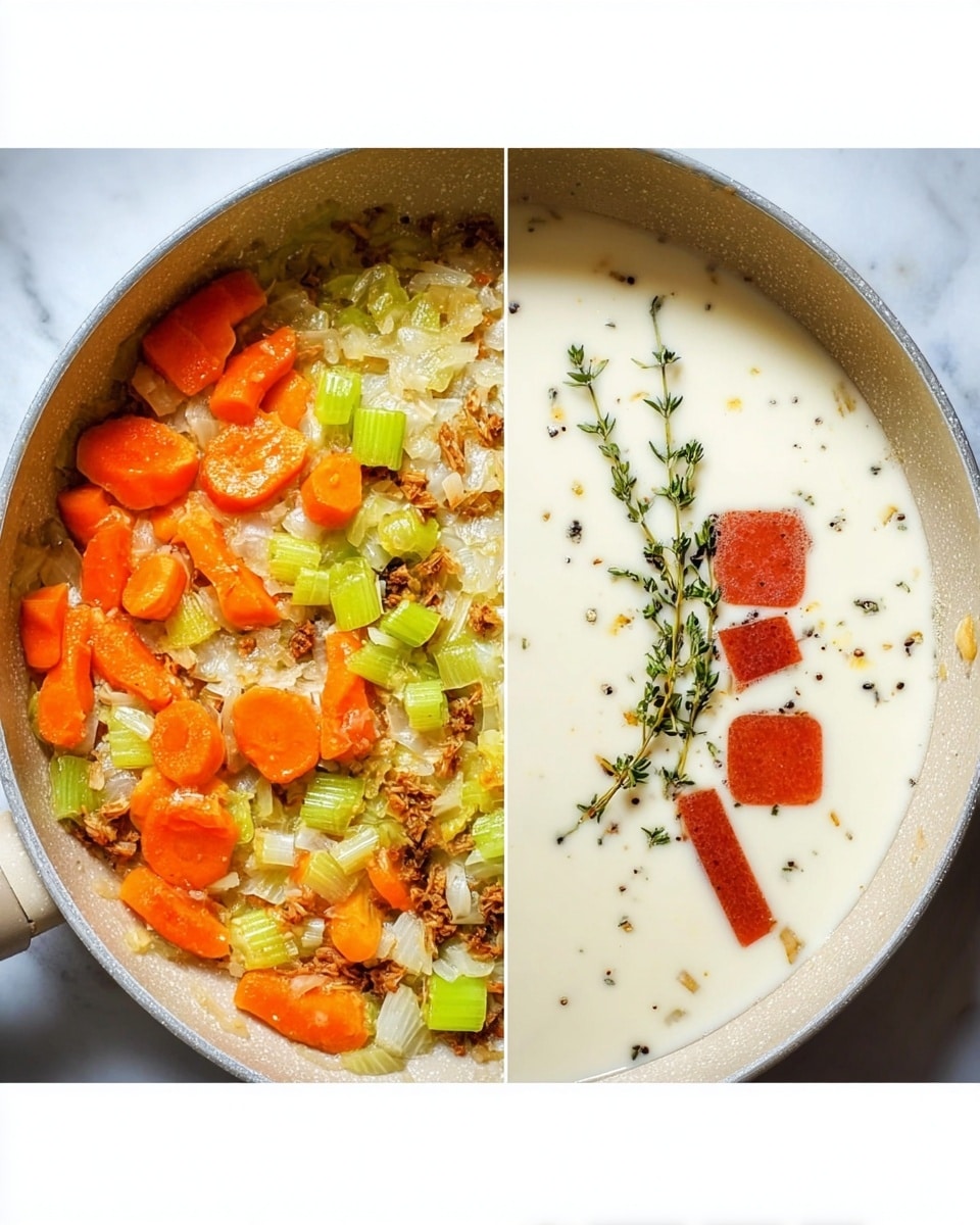 The image shows two side-by-side photos of a cooking pan with food inside. In the left photo, the pan holds several layers: the bottom layer has a mix of sautéed chopped onions, garlic, and small brown bits, while the top layer features bright orange carrot slices and light green celery pieces spread evenly and mixed together. The colors contrast with the pan's light surface. In the right photo, the same pan contains a creamy white liquid filling the pan, topped with three small rectangular red pieces and a sprig of fresh green thyme. Small bubbles and black pepper dots are visible on the creamy surface, giving texture. The white marbled background is clean and soft, making the food stand out clearly. photo taken with an iphone --ar 4:5 --v 7