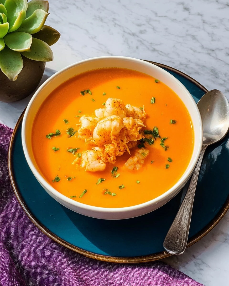 A large white pot with lavender handles is filled with smooth, bright orange soup that has a thick, creamy texture. The surface of the soup shows small bubbles and is decorated with two small green sprigs of fresh thyme placed gently on top, forming a loose curve. The pot is placed on a white marbled textured surface, next to a dark purple cloth and a green succulent plant in the background. The scene is brightly lit, highlighting the rich colors and fresh ingredients photo taken with an iphone --ar 4:5 --v 7