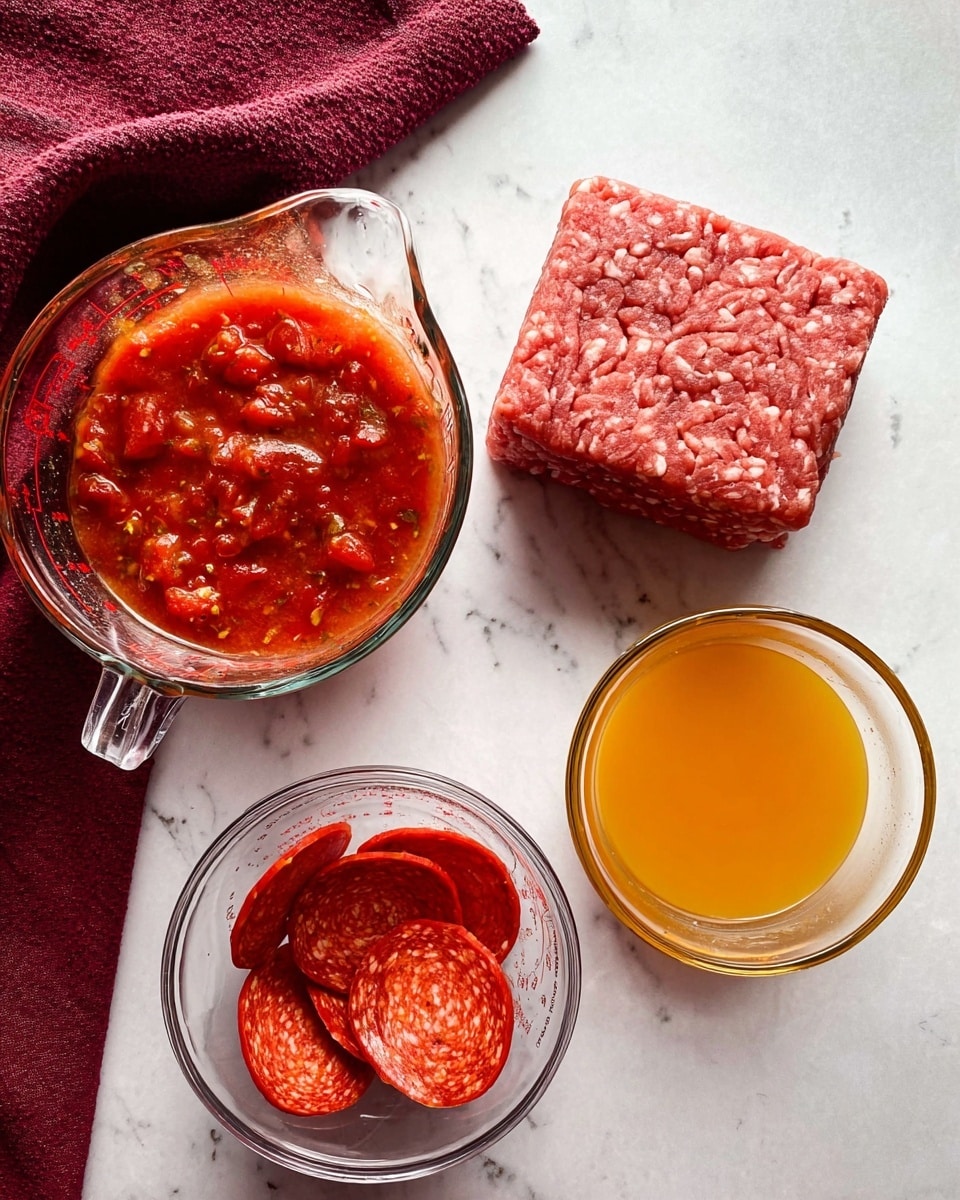 The image shows four different ingredients placed separately on a white marbled surface. At the top center, there is a small clear glass bowl with a block of raw ground meat that is pinkish red with white fat specks. At the bottom left, a clear glass measuring cup holds a chunky red tomato sauce with visible pieces of tomatoes and herbs. On the bottom right, another clear measuring cup contains a yellow-orange liquid, likely some kind of broth or juice. At the bottom center, a small clear glass bowl is filled with round slices of red pepperoni, some folded. A dark red cloth is partially visible at the top left corner. photo taken with an iphone --ar 4:5 --v 7