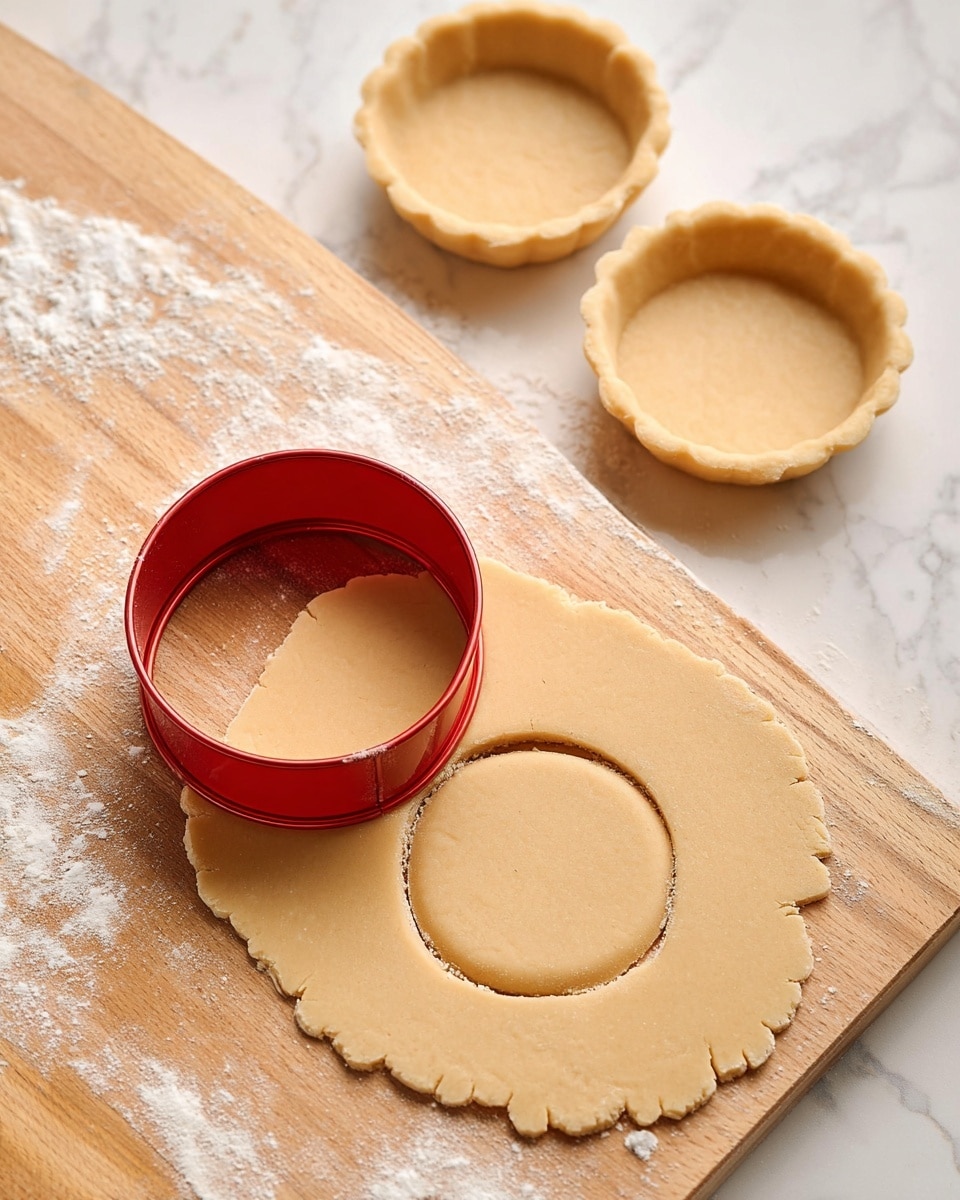 The image shows light beige dough rolled out flat on a wooden cutting board with some flour dusted around. A round red cookie cutter is pressed into the dough, cutting a perfect circle, with one circle already cut out and laying on the board. In the background, three small tart shells made of the same dough sit on a white marbled surface. The dough has a smooth texture and the tart shells have scalloped edges. photo taken with an iphone --ar 4:5 --v 7