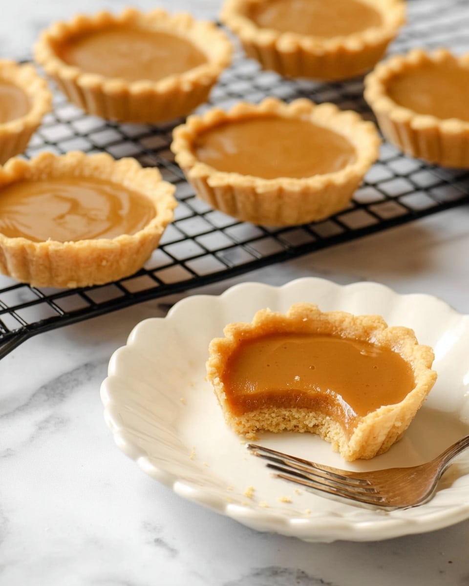 The image shows seven small tarts with golden-brown crusts that have a slightly rough and crumbly texture, each filled with a smooth, light brown filling that sits evenly inside the crusts. The tarts are arranged on a black cooling rack that rests on a light blue and white striped cloth over a white marbled surface. The close view highlights the fluted edges of the tarts and the glossy, thick appearance of the filling. Photo taken with an iphone --ar 4:5 --v 7
