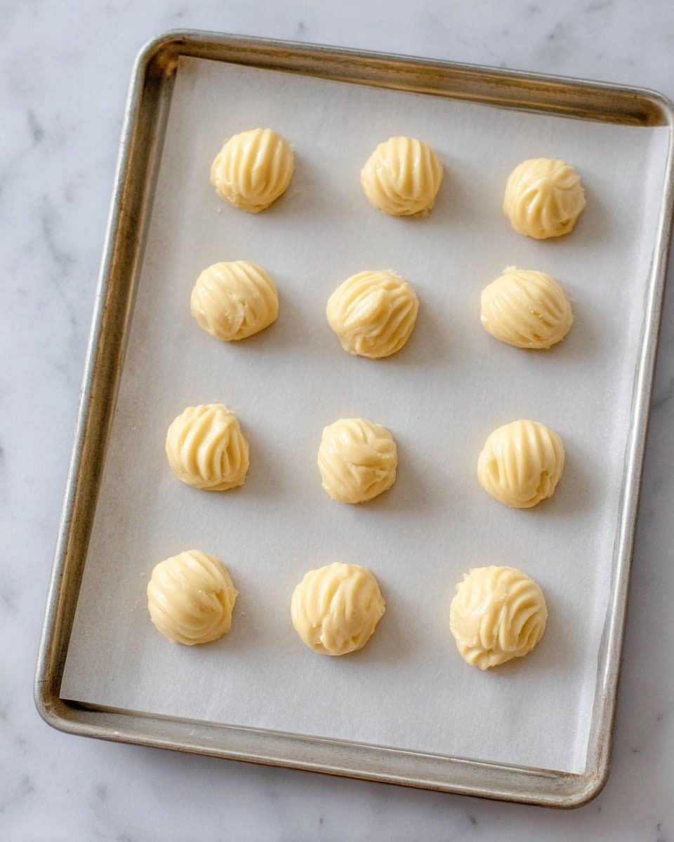 The image shows a metal baking tray with a sheet of white parchment paper placed on top. On the parchment, there are nine small, round dollops of pale yellow dough, evenly spaced in rows. Each dough dollop has a smooth, slightly shiny surface with a soft, swirled texture that looks like it was piped out. The tray and parchment rest on a white marbled surface. photo taken with an iphone --ar 4:5 --v 7