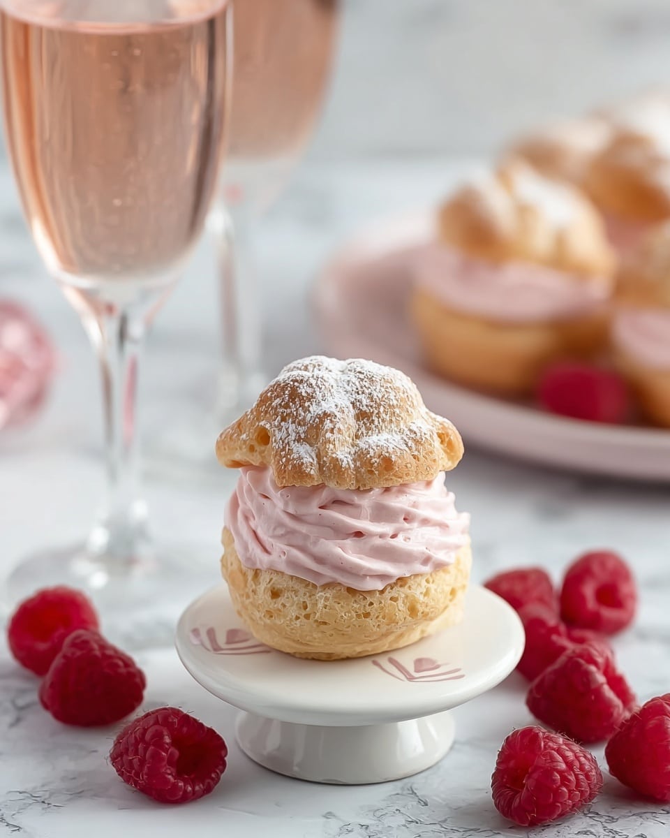A round white plate holds twelve small cream puffs arranged in a loose circle, each cream puff having two golden puff pastry layers with a thick swirl of light pink cream in between. The top pastry is dusted with a light layer of white powdered sugar. Around the plate on a white marbled surface, fresh whole red raspberries are scattered, and in the background, three partially filled tall glasses of light pink sparkling drink add a touch of elegance. A silver fine mesh sieve rests near the bottom right corner of the setup. The overall scene is bright and fresh, with soft natural light highlighting the texture of the cream and pastry. Photo taken with an iphone --ar 4:5 --v 7