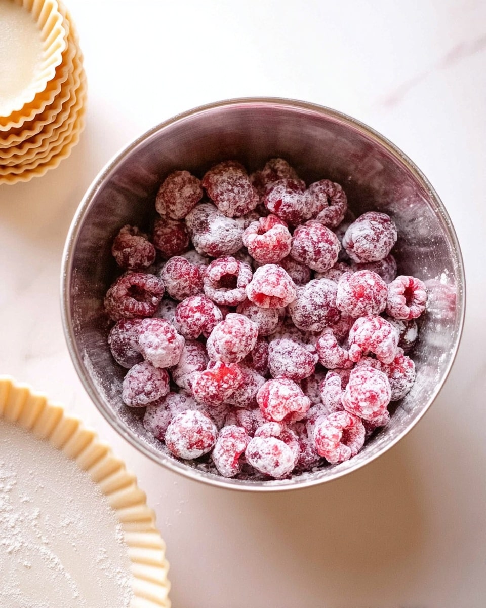 A silver mixing bowl filled with red raspberries covered in white flour on all sides. The raspberries have a soft, powdery texture from the flour and are piled up inside the bowl, which has a slightly shiny surface. Next to the bowl, there is a white marbled surface with a stack of white tart shells on the left side, showing a light golden-brown inner edge. The overall scene is bright, clean, and focused on the mixing bowl and raspberries. photo taken with an iphone --ar 4:5 --v 7