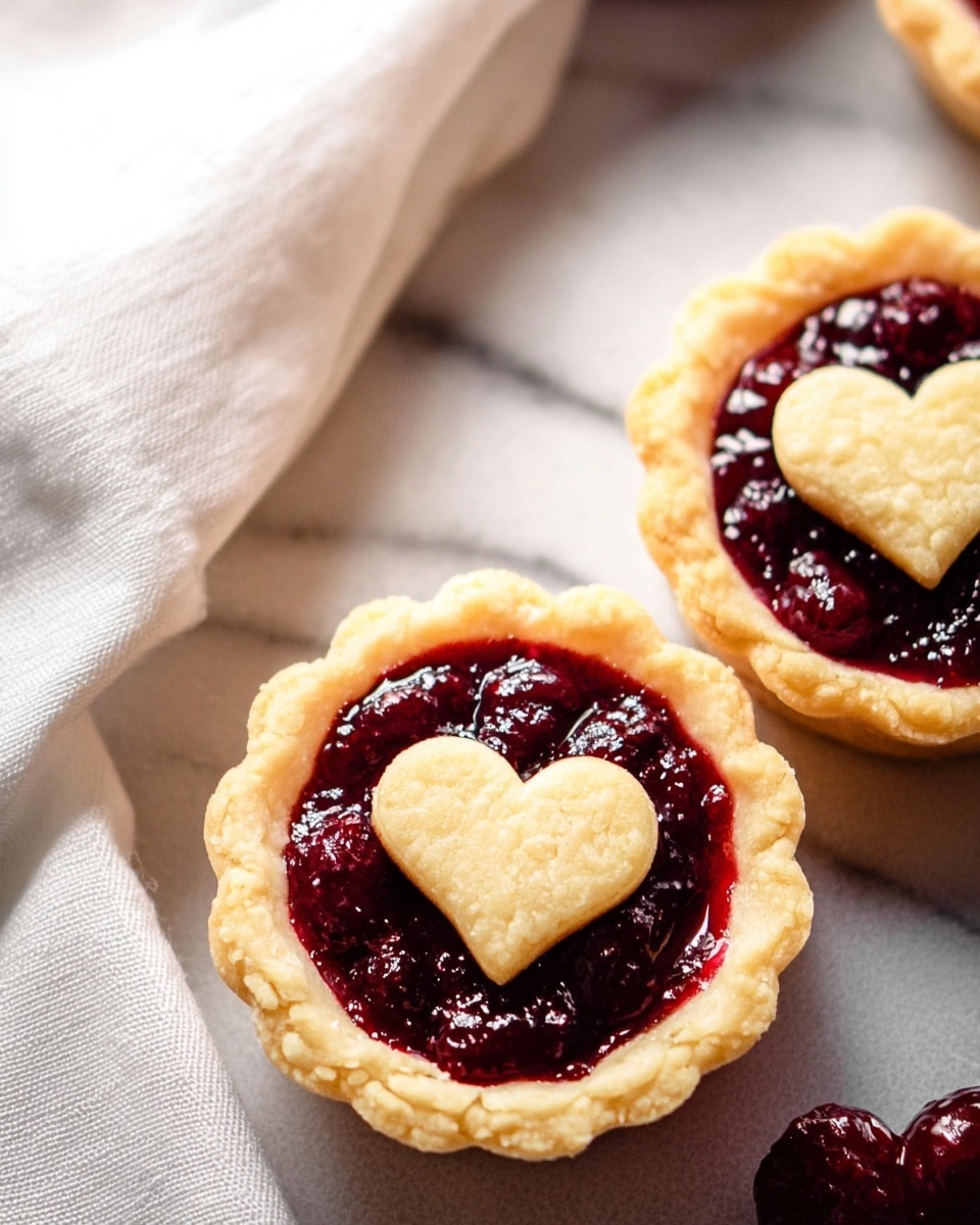 The image shows two small round tarts on a white marbled surface. Each tart has a light golden-brown crust with scalloped edges holding a dark red, glossy berry filling made of whole berries and jam. On top of each tart, there is a small, lightly baked heart-shaped piece of dough, pale golden in color, placed right in the center. The texture of the filling looks thick and shiny, contrasting with the smooth, slightly crumbly crust. Part of a white cloth is visible on one side near the tarts. The setting gives a cozy, fresh feel to the scene. Photo taken with an iphone --ar 4:5 --v 7