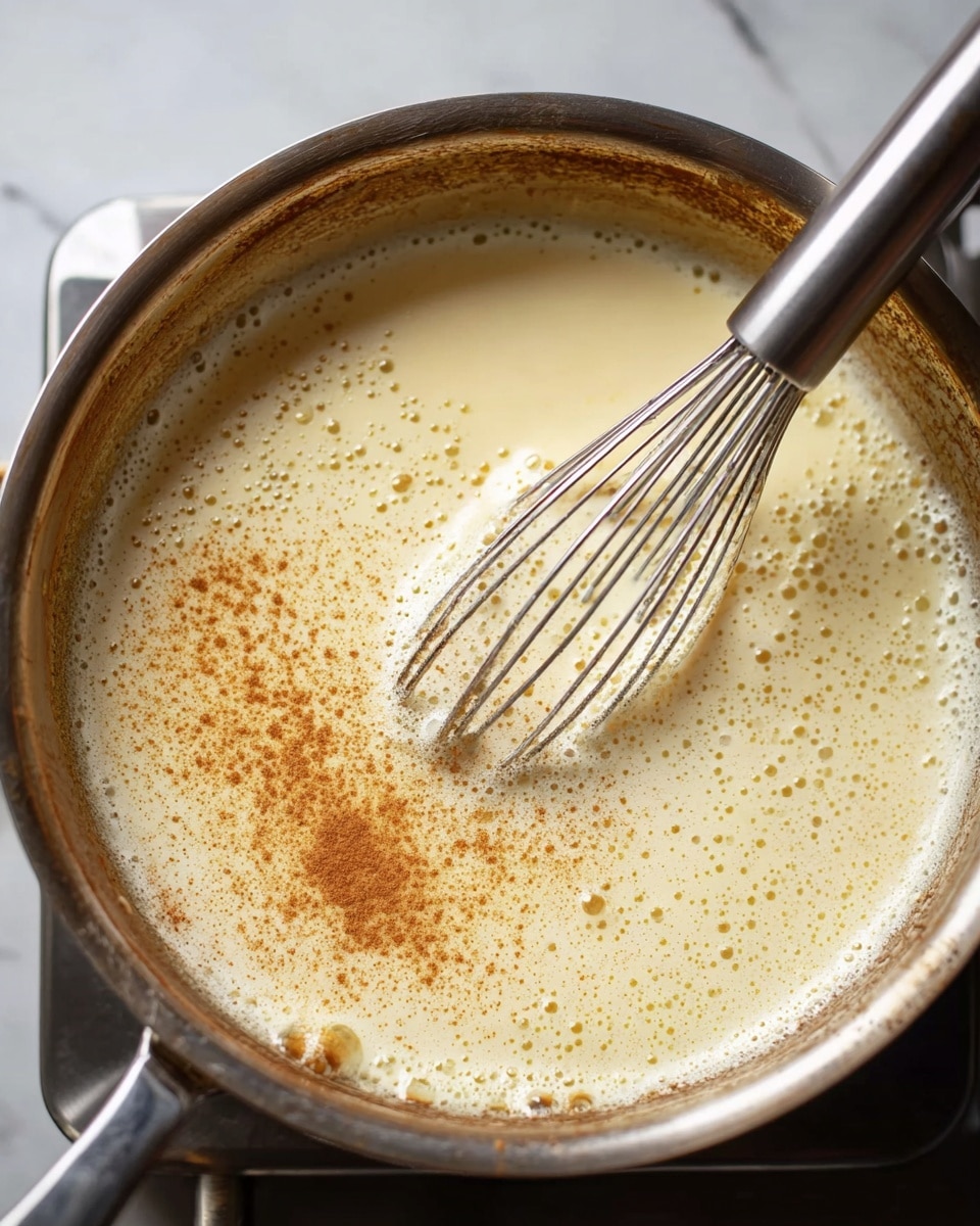 A close-up view inside a stainless steel pan on a stovetop with a mixture that is light yellow and creamy, topped with a few sprinkled cinnamon spots, and bubbles foam lightly across the surface. A silver metal whisk is partially immersed in the mixture, angled from the right side. The pan shows some brown marks along the rim, indicating use. The background is a white marbled texture. photo taken with an iphone --ar 4:5 --v 7