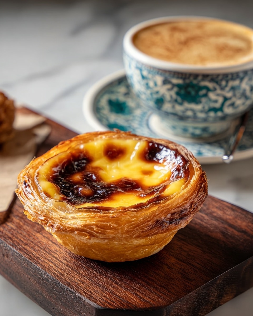 A white plate with blue floral patterns holds five small pastel de nata tarts with shiny, creamy yellow custard tops and dark brown spots. Around the tarts, fresh red strawberries with green leaves sit on the left, bright red raspberries are scattered in the middle and near the blueberries, which are clustered on the right. Two small blue and white ceramic cups with beige liquid inside are placed near the back of the plate. The whole scene is set on a white marbled surface. photo taken with an iphone --ar 4:5 --v 7