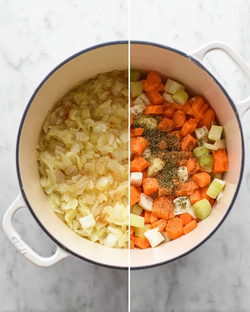 Two side-by-side images show the inside of a white pot with black rim on a white marbled surface. The left image shows the first layer of light golden cooked chopped onions, soft and translucent, spread evenly over the bottom of the pot. The right image shows the pot filled with a second layer of chopped vegetables, including bright orange carrot slices, light green celery pieces, and pale white parsnip chunks, all topped with scattered black pepper and dried herbs. The colors create a warm, fresh mix, contrasting with the pot’s smooth white interior. photo taken with an iphone --ar 4:5 --v 7