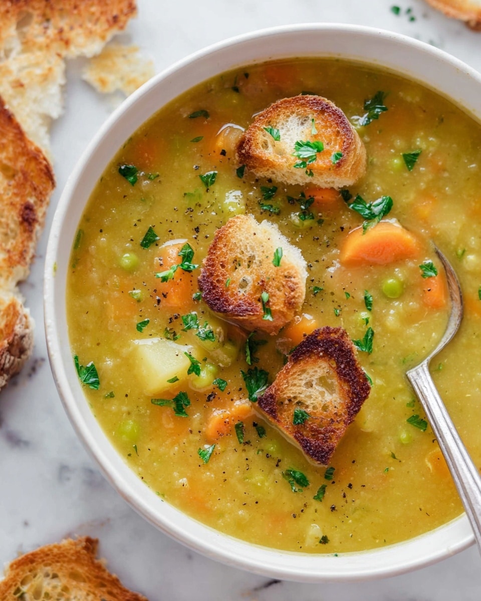 A white bowl filled with thick, yellowish creamy soup containing small chunks of orange carrot and pale yellow potato, sprinkled with finely chopped green herbs and black pepper. A silver spoon lifts a portion of the soup showing the soft potato and carrot pieces coated in the smooth soup base. The bowl sits on a white marbled surface with some crumbs around. photo taken with an iphone --ar 4:5 --v 7