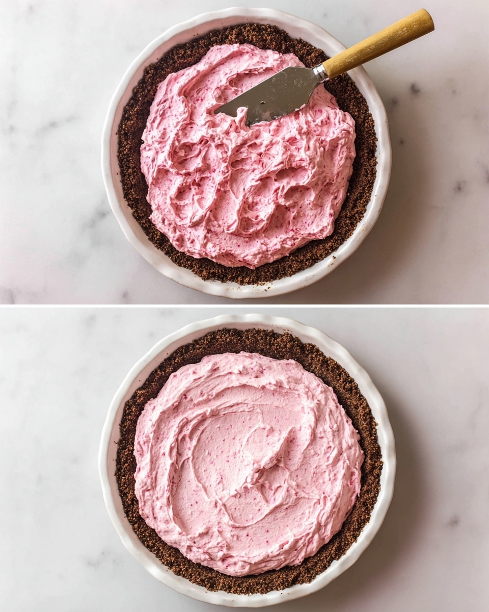 A slice of pink creamy pie with a crumbly brown crust sits on a white plate with dark blue floral patterns, showing its soft, fluffy texture. The crust forms the bottom layer, thick and rough, while the middle layer is a smooth, light pink filling that looks airy and thick. The top layer is white whipped cream with soft, swirled peaks decorated with two sugared purple berries and a small green mint leaf near the edge. A silver fork holds a bite of the pink filling near the front of the slice. The scene is set on a white marbled surface, with a blurred matching whole pie in the background. Photo taken with an iphone --ar 4:5 --v 7