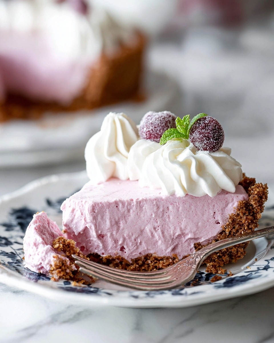 A pie with three layers is shown on a white dish on a white marbled surface. The bottom layer is a golden brown crumb crust with a rough texture. The middle layer is thick and creamy with a smooth texture, light purple in color. The top layer is white whipped cream piped in swirls along the pie edge. Each swirl is decorated with a small sugared red berry and a tiny green mint leaf. A slice is taken out, showing the side of all layers, and two metal forks rest inside the pie with some crumbs scattered around. Photo taken with an iphone --ar 4:5 --v 7