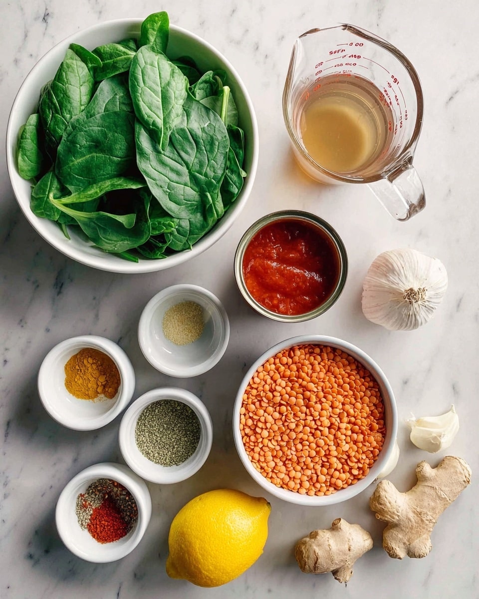 A top-down view of various cooking ingredients arranged neatly on a white marbled surface. There is a large white bowl filled with fresh green spinach leaves at the top left. To the right, a clear glass measuring cup contains a light brown liquid. Below, a small opened can filled with red tomato sauce sits next to a white bowl overflowing with orange lentils. In the bottom left corner, six small white bowls hold different spices and oils, including a bright yellow powder, light green seeds, and red chili flakes. Nearby, a whole yellow lemon, a golden onion, three garlic cloves, and a piece of fresh ginger root are placed casually. The photo taken with an iphone --ar 4:5 --v 7