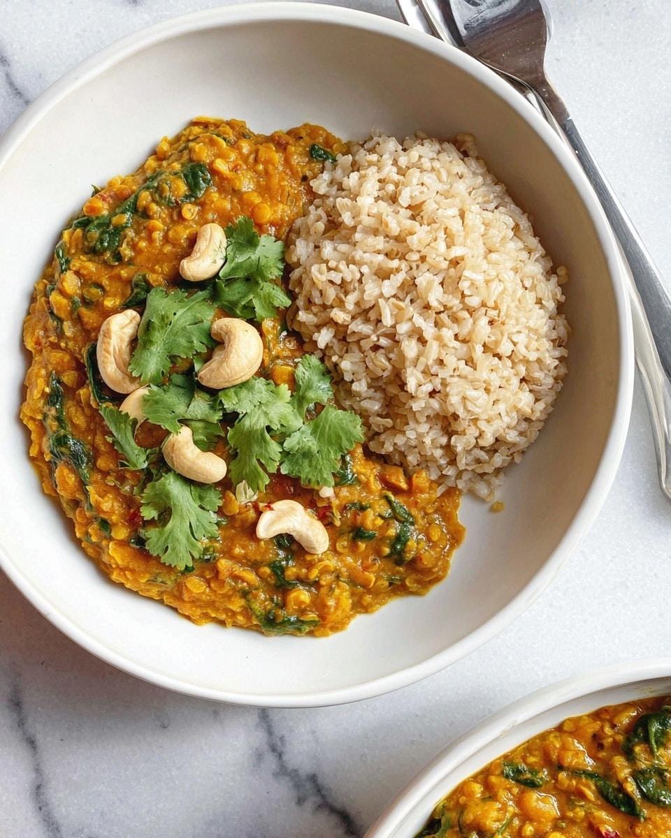 Two white bowls sit on a white marbled surface, each filled with two main layers. One half of each bowl has light brown cooked grains with a soft, slightly shiny texture. The other half contains a thick orange lentil stew mixed with green leafy spinach pieces. The stew is topped with scattered whole cashew nuts and fresh green cilantro leaves. Two shiny silver forks lie above the bowls on the surface. photo taken with an iphone --ar 4:5 --v 7