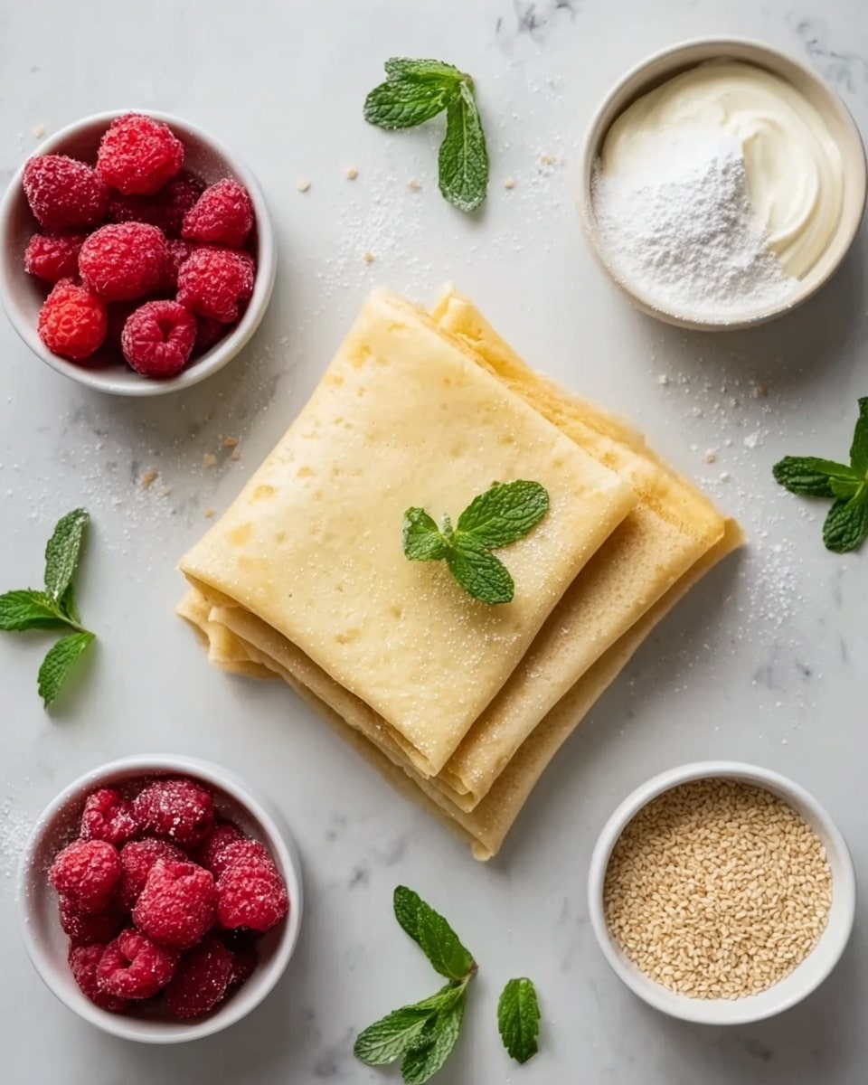 The image shows many small, square layered desserts placed on a white marbled surface. Each dessert has three layers of thin, light golden biscuits. Between the biscuit layers, there are small white dollops of cream, evenly spaced in two rows. On top of each dessert, there are two whole red raspberries and a small green mint leaf. Around the desserts, loose raspberries and mint leaves are scattered, adding color and freshness to the image. photo taken with an iphone --ar 4:5 --v 7
