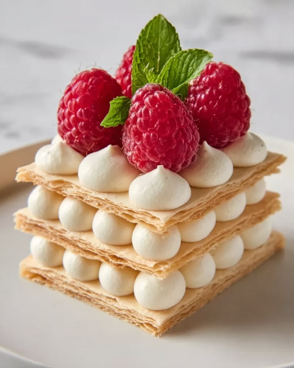 The image shows a delicate layered dessert with three layers of light, flaky pastry in a soft beige color. Between each pastry layer, there are smooth, white dollops of cream piped in neat, round shapes. On top, three fresh, red raspberries sit neatly, each with a textured surface of tiny seeds and a fresh green mint leaf adding a pop of color. The dessert is placed on a white plate, set against a white marbled background. photo taken with an iphone --ar 4:5 --v 7