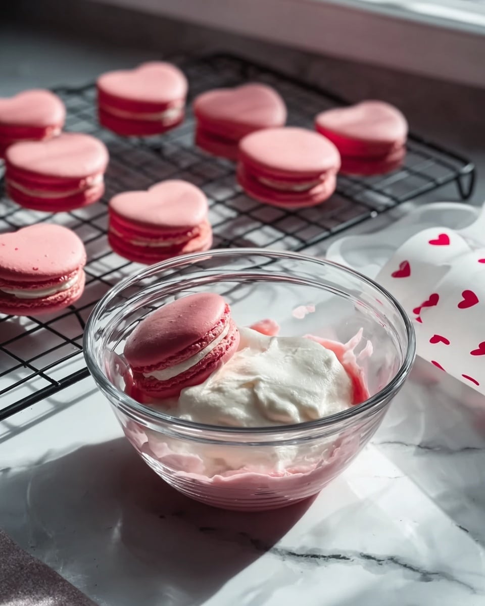 A close-up of a heart-shaped red macaron with a smooth, glossy top layer. The middle layer is creamy white filling, evenly spread between two red macaron shells with a light, slightly textured surface. The macaron is placed on a white marbled surface, with soft natural light creating gentle shadows around the dessert. photo taken with an iphone --ar 4:5 --v 7