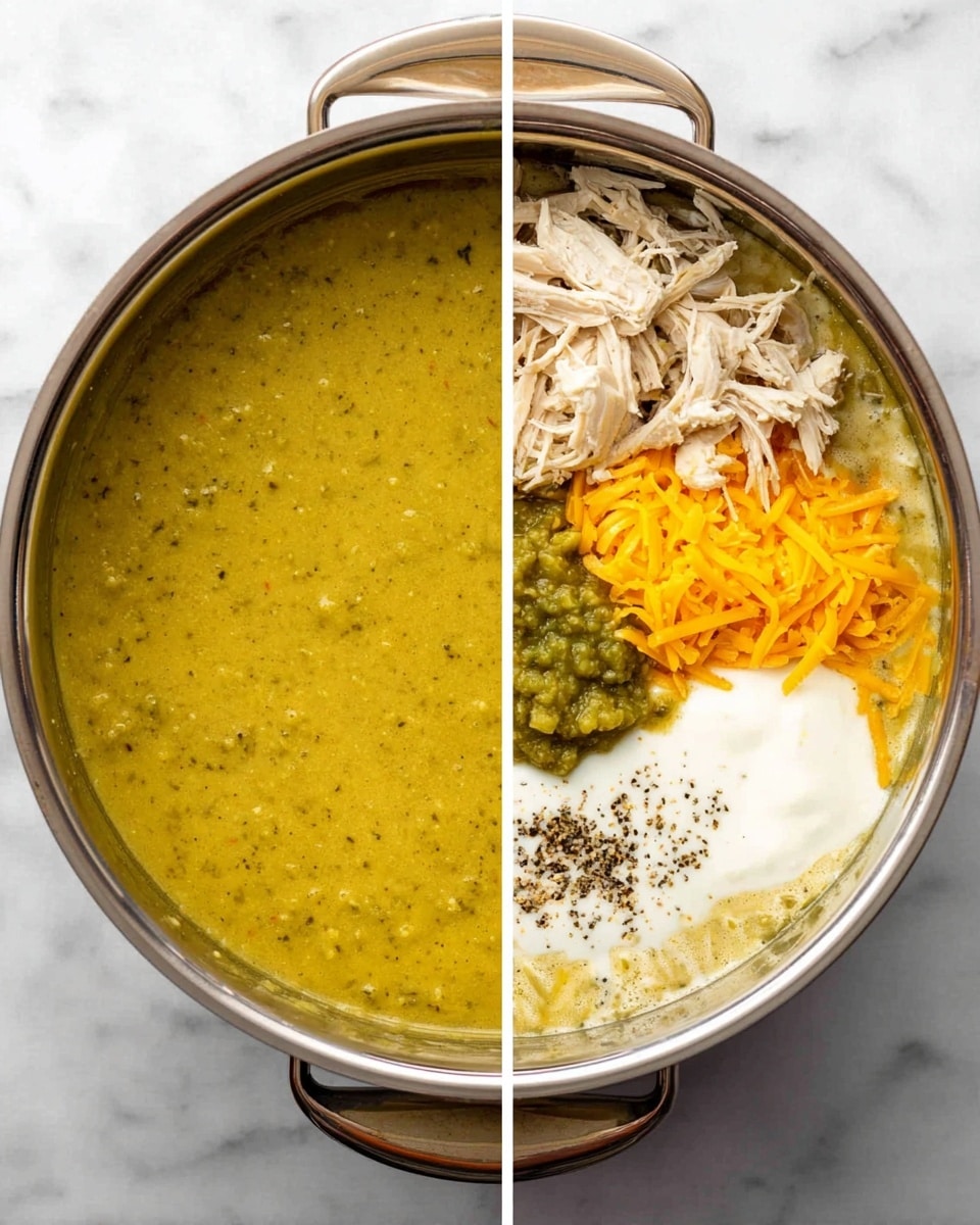 A white bowl filled with a creamy yellow soup that has shredded pieces of chicken mixed inside, topped with several bright green avocado slices arranged in a small stack on the right side. In the center, there is a dollop of white sour cream garnished with small bits of fresh green herbs. More chopped green onions and finely chopped herbs are scattered around the soup surface. A silver spoon is partially dipped on the left side of the bowl, scooping up some of the creamy chicken soup. The bowl is placed on a white marbled surface with a light green cloth partially seen in the background. Photo taken with an iphone --ar 4:5 --v 7