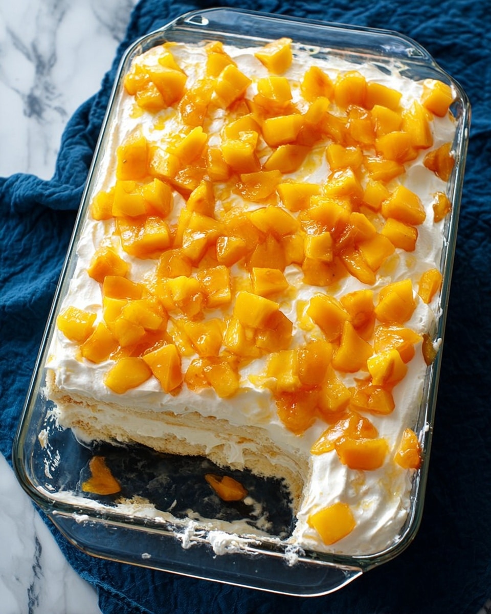 The dish is shown in a clear glass rectangular baking tray with visible handles. It has three layers: the bottom layer appears to be soft cake or bread with a light beige color, the middle layer is thick white creamy frosting spread evenly across the surface, and the top layer consists of small bright orange-yellow peach cubes scattered all over. Part of the dessert is missing from the bottom left corner, showing the cake inside and some creamy frosting residue along the tray edges. The tray is placed on a white marbled surface with a dark blue cloth partially underneath it. Photo taken with an iphone --ar 4:5 --v 7