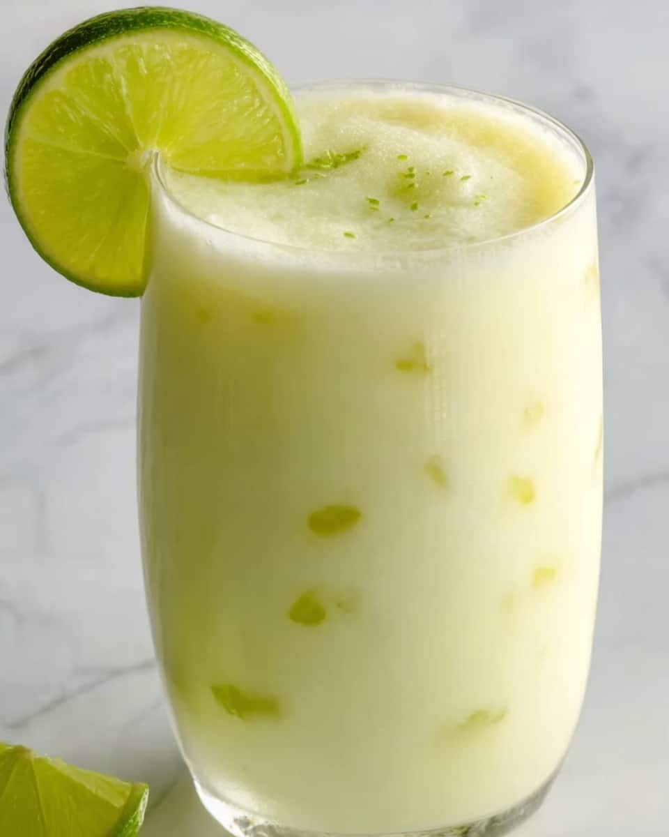 Two clear glasses sit on a white marbled surface, each filled with a light creamy yellow drink with ice cubes visible inside. The front glass has a lime slice placed on its rim, showing a bright green color with textured skin and juicy inside. The second glass in the background also has a lime slice on its rim and sits slightly blurred with a gray and white striped cloth behind it. A lime half rests cut side up near the front glass. The drink has a frothy top layer that appears soft and bubbly. Photo taken with an iphone --ar 4:5 --v 7