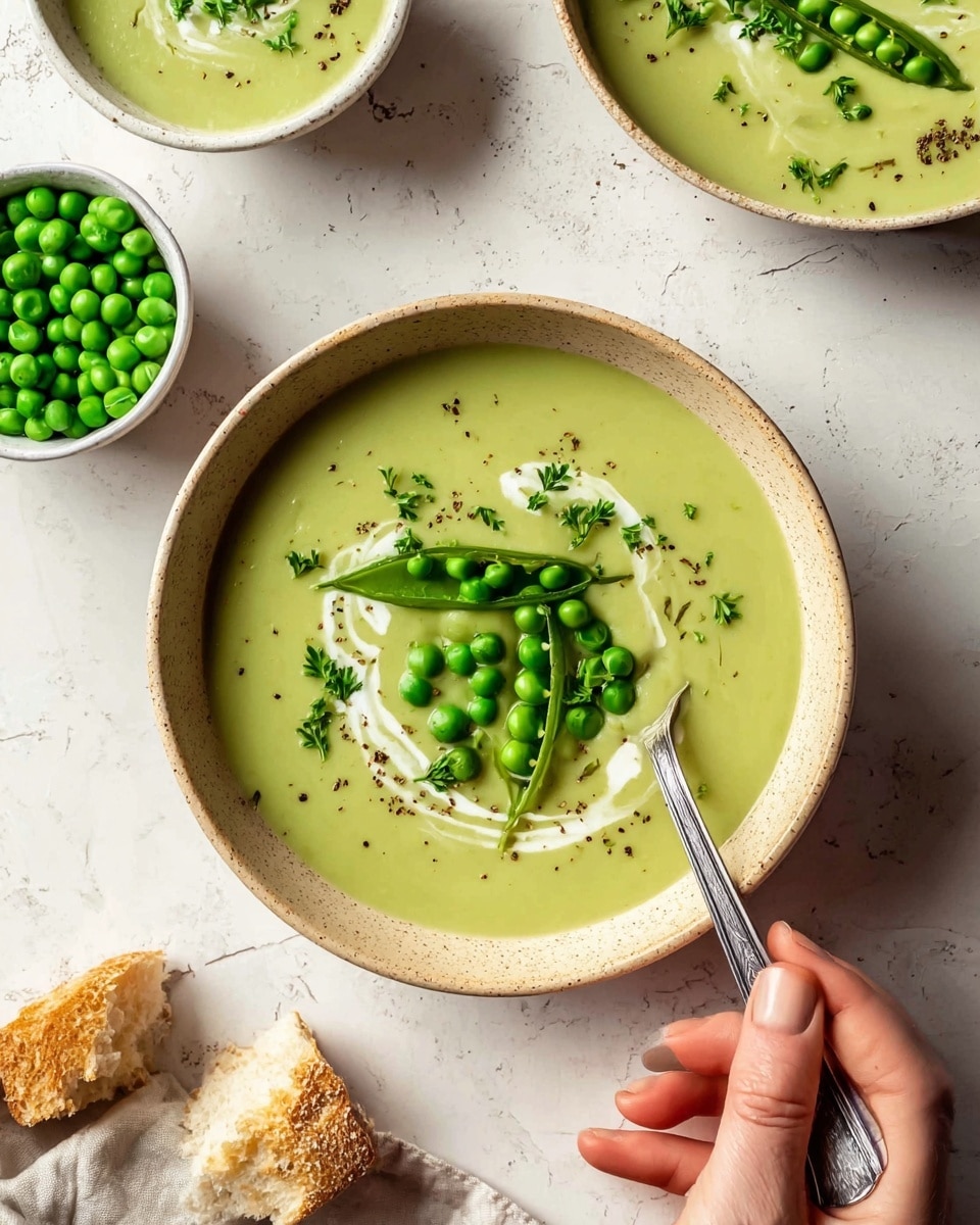 The image shows a white pot with a dark rim and two side handles, filled with four distinct groups of ingredients in broth. On the top right, there are white half-moon shaped slices with black specks, likely seasoned. Below and spreading towards the center are many small, round, bright green peas. To the left of the peas, there are several dark green broccoli florets with textured tops and lighter green stems. Finally, in the top left part of the pot, there are small, pale beige shrimp-like pieces. The broth is light brown and clear, revealing the ingredients clearly. The pot sits on a white marbled surface. Photo taken with an iphone --ar 4:5 --v 7