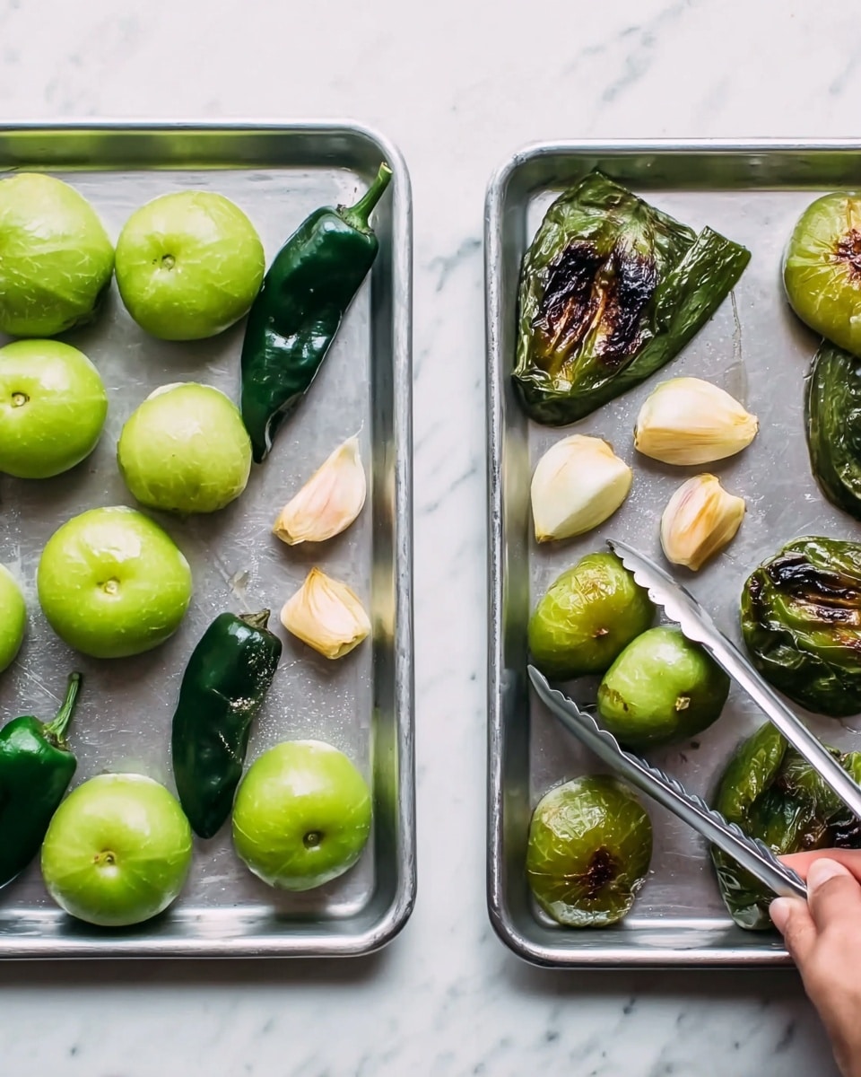 A white bowl filled with green soup that has shredded white chicken mixed in, topped with chopped fresh green herbs scattered on the surface. A silver spoon rests inside the bowl, partially submerged in the soup. Around the bowl are several light brown tortilla strips placed on a white plate underneath the bowl. The background is a white marbled surface. Photo taken with an iphone --ar 4:5 --v 7
