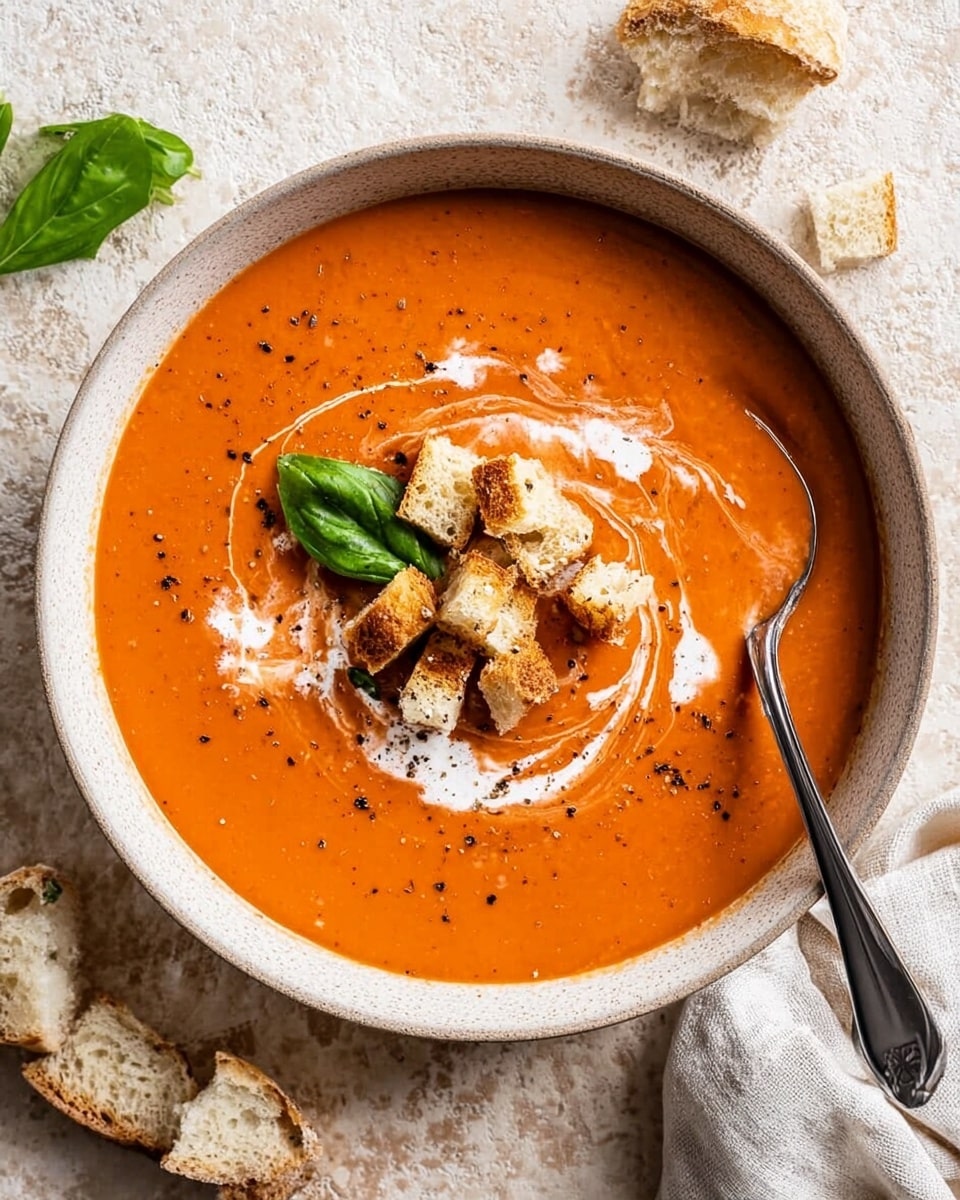 A white bowl filled with rich, creamy orange tomato soup with swirls of white cream on the surface. In the center, there is a small pile of light brown toasted bread cubes topped with a small bright green basil leaf. The soup is speckled with cracked black pepper. A silver spoon rests inside the bowl on the right side. The bowl sits on a light beige textured surface with a light-colored cloth napkin folded nearby and two pieces of torn crusty bread placed beside it, along with a small sprig of fresh basil on the left photo taken with an iphone --ar 4:5 --v 7