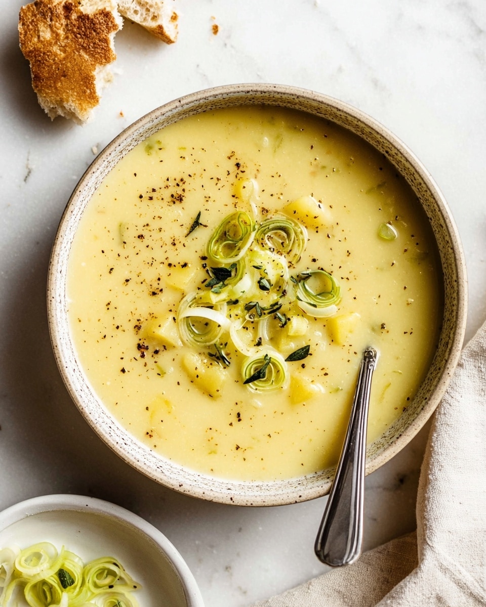 A bowl of creamy yellow soup with small chunks of potatoes visible inside. On the surface, a circle of thin pale green leek slices and small dark green herbs are placed in the center, sprinkled with black pepper. A silver spoon rests inside the bowl on the right side. The bowl is light brown with a speckled rim. Nearby, there is a small white dish with more leek slices and some torn pieces of light brown crusty bread on the upper left side. The setting is on a white marbled surface with a light beige cloth partly visible on the right side photo taken with an iphone --ar 4:5 --v 7