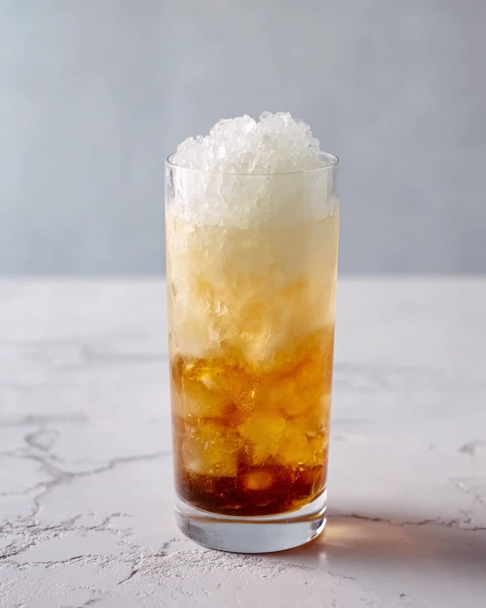 A tall, clear glass filled with three visible layers: the bottom layer is a dark amber color with small solid pieces, the middle layer is a translucent golden liquid, and the top layer is white crushed ice piled high above the rim. The glass is placed on a white marbled surface with a plain light background, photo taken with an iphone --ar 4:5 --v 7