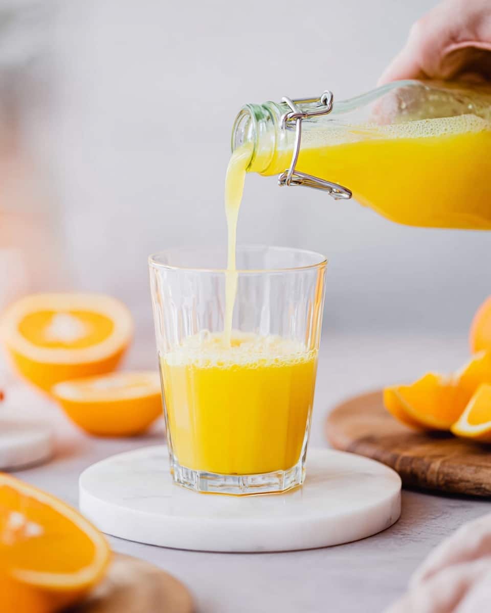 The image shows two clear glasses filled halfway with bright yellow-orange juice, sitting on a white marbled surface. Around the glasses, several fresh orange halves and slices with a bright and juicy texture are scattered, showing the vibrant orange color and white pith details. Behind the glasses, there is a tall bottle filled with more yellow-orange juice, partly blurred. There is also a small white bowl on the right side containing coarse salt or sugar crystals. The photo is bright and fresh, with clear focus on the glasses and oranges. Photo taken with an iphone --ar 4:5 --v 7