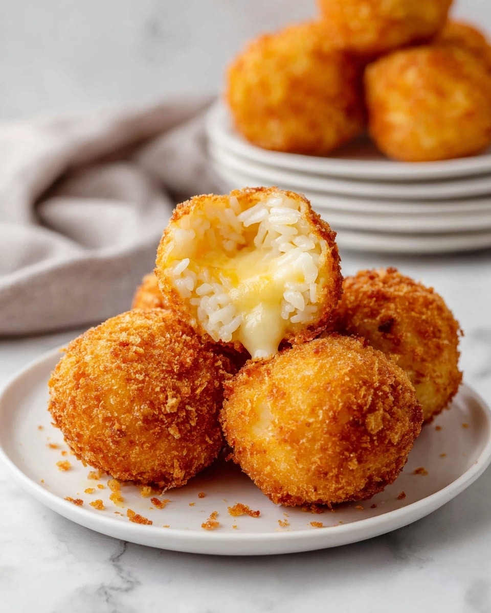 This image shows four golden-brown fried balls on a white plate, each with a crunchy, rough texture from the breading. One ball is cut open and placed on top of the others, revealing a soft, creamy rice filling with a melted light-yellow center inside. The background is a white marbled surface with a blurred stack of more fried balls on white plates and a light gray cloth nearby. The lighting is soft and natural, highlighting the crispiness of the fried coating and the creaminess of the inner filling photo taken with an iphone --ar 4:5 --v 7