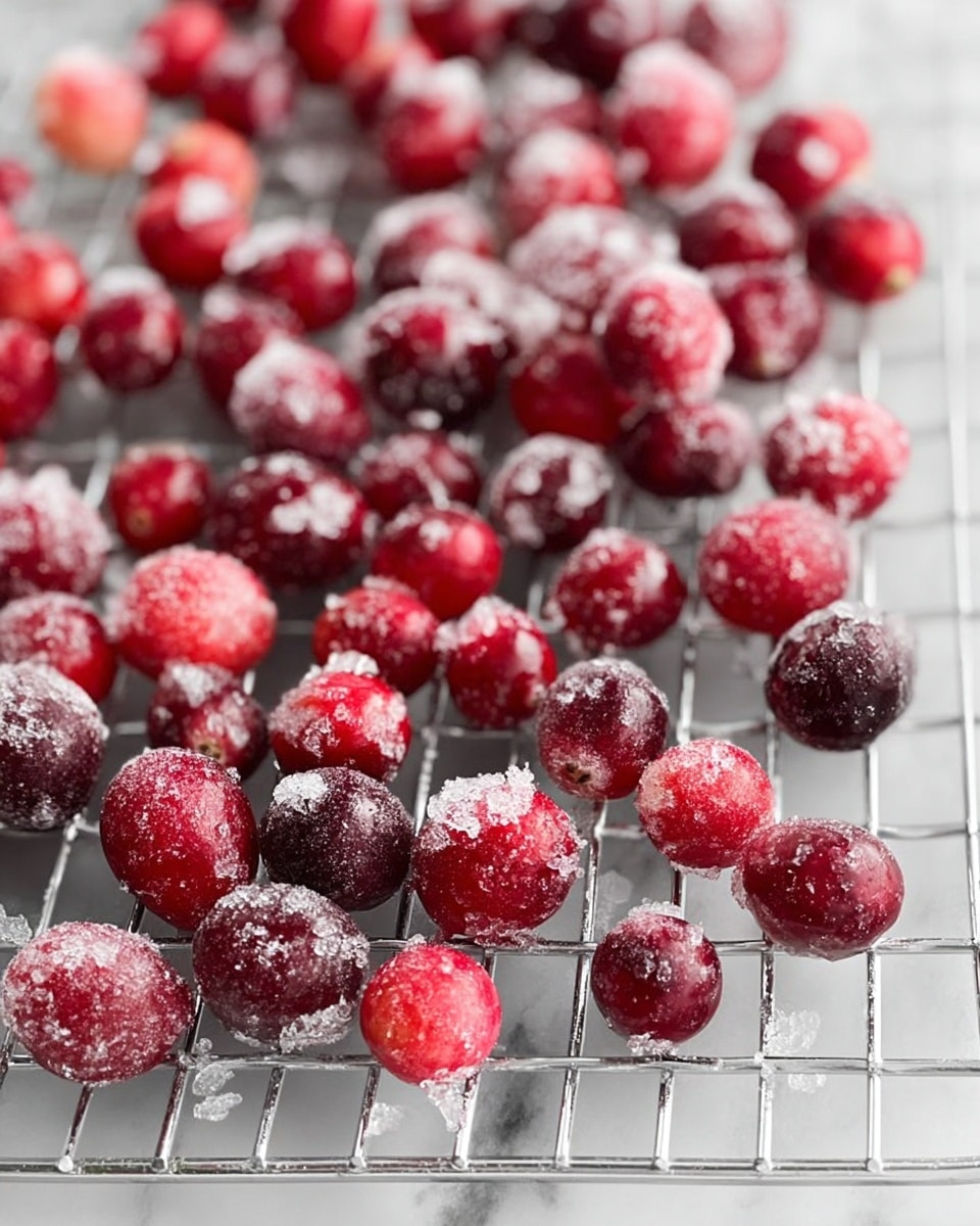 The image shows many small red cranberries covered in large crystals of sugar, scattered over a silver wire rack. The cranberries vary in shades from bright red to deep burgundy, and the sugar crystals stick unevenly to the surface of each fruit, giving a frosted look. The wire rack is placed on a white marbled surface, adding a clean and light background to the scene. The light is soft, creating gentle reflections on the sugar crystals and highlighting the smooth texture of the cranberries. photo taken with an iphone --ar 4:5 --v 7