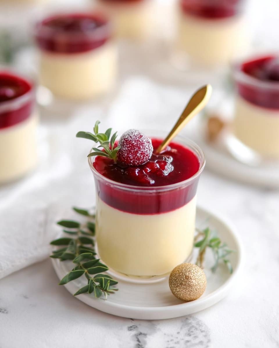 A clear glass holds a dessert with two layers: a creamy pale yellow base that fills most of the glass, topped by a thick, deep red layer that looks like jelly or fruit sauce. There is a sugared red berry on top, adding texture and shine, along with a small gold spoon resting inside. The glass sits on a white plate with a sprig of green leaves and a small golden ornament next to it, all placed on a white marbled surface. In the background, more similar glasses with the same dessert and red topping are visible but blurred. photo taken with an iphone --ar 4:5 --v 7
