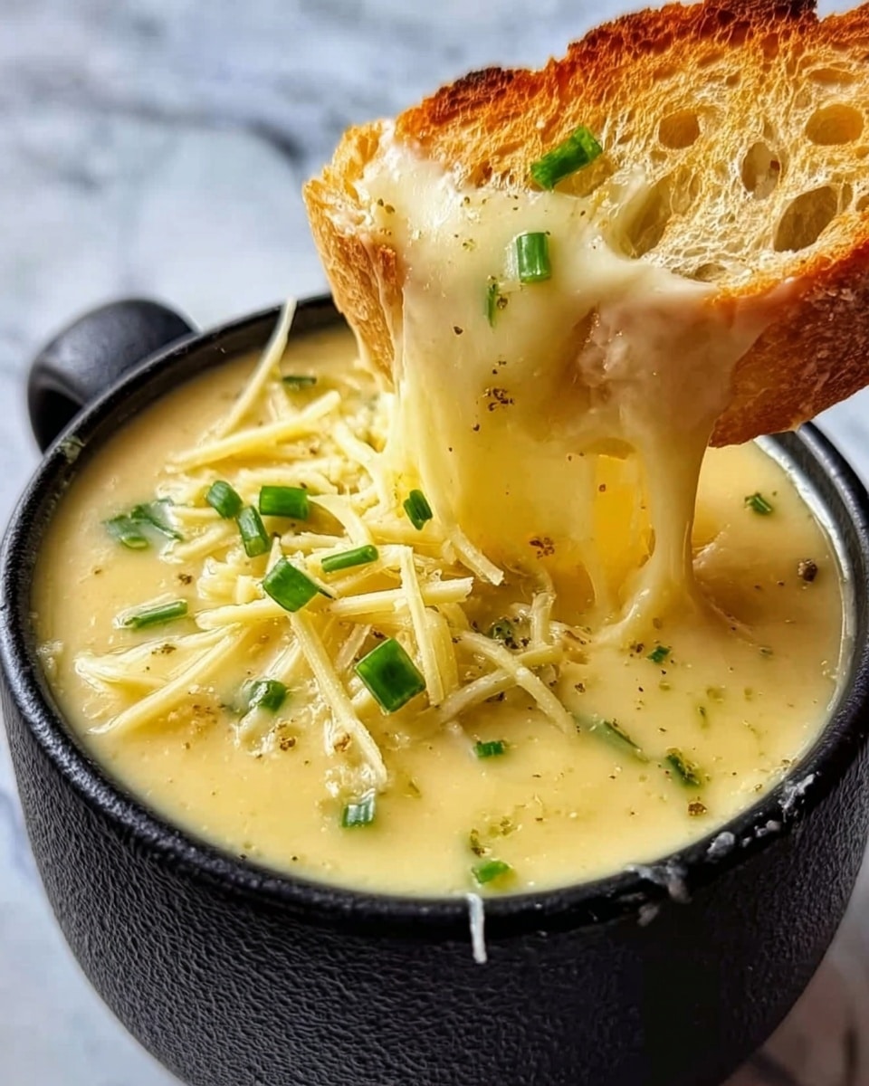 The image shows a black cup filled with creamy yellow soup topped with shredded cheese and small pieces of green onion. A piece of crusty white bread is dipped into the soup, covered in melted cheese that stretches from the bread into the soup. The surface around the cup is a white marbled texture. photo taken with an iphone --ar 4:5 --v 7